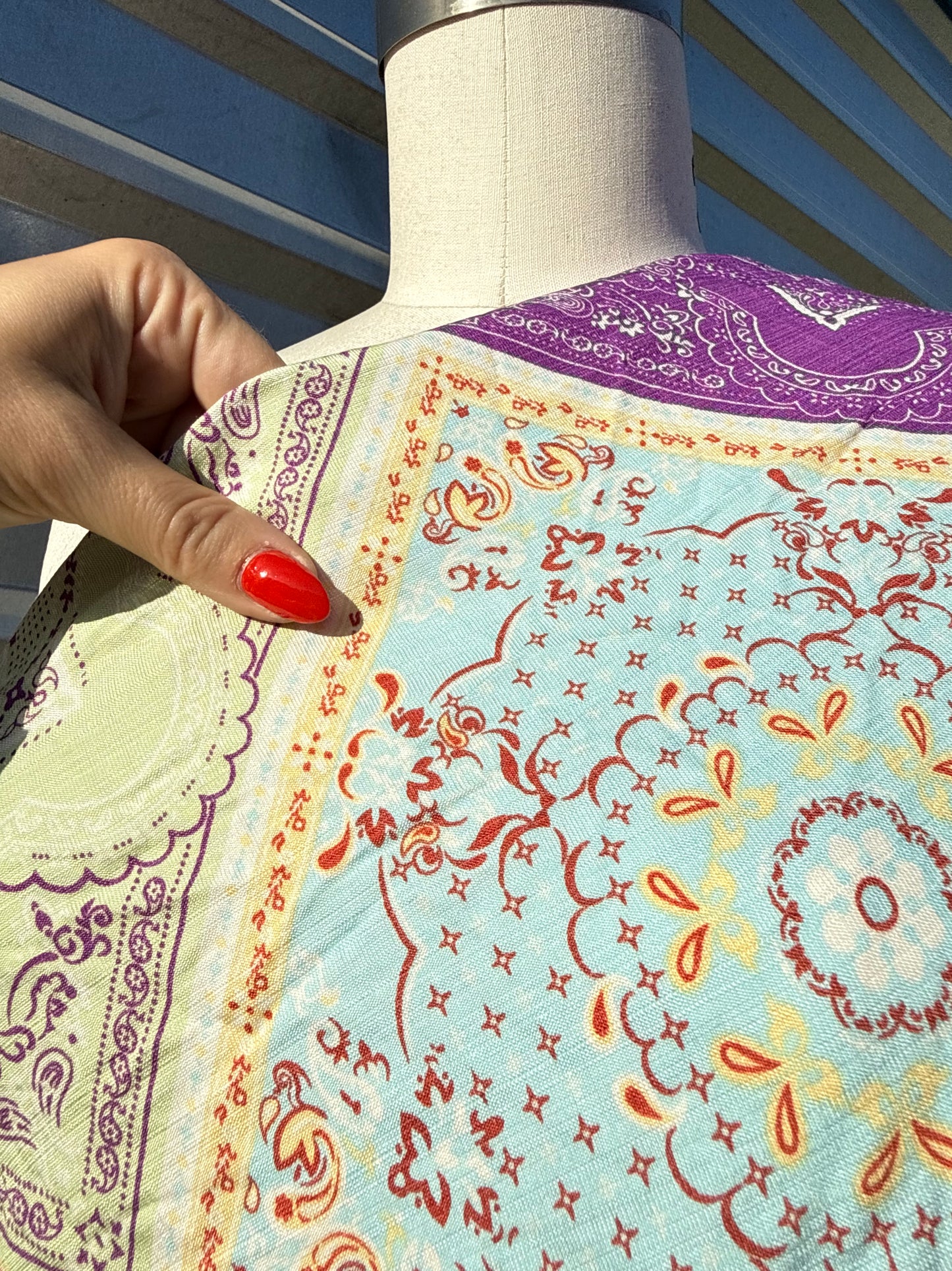 Purple Yellow Blue Pink White Paisley Scarf Print Rayon Fille Woven "Sage Ranch"