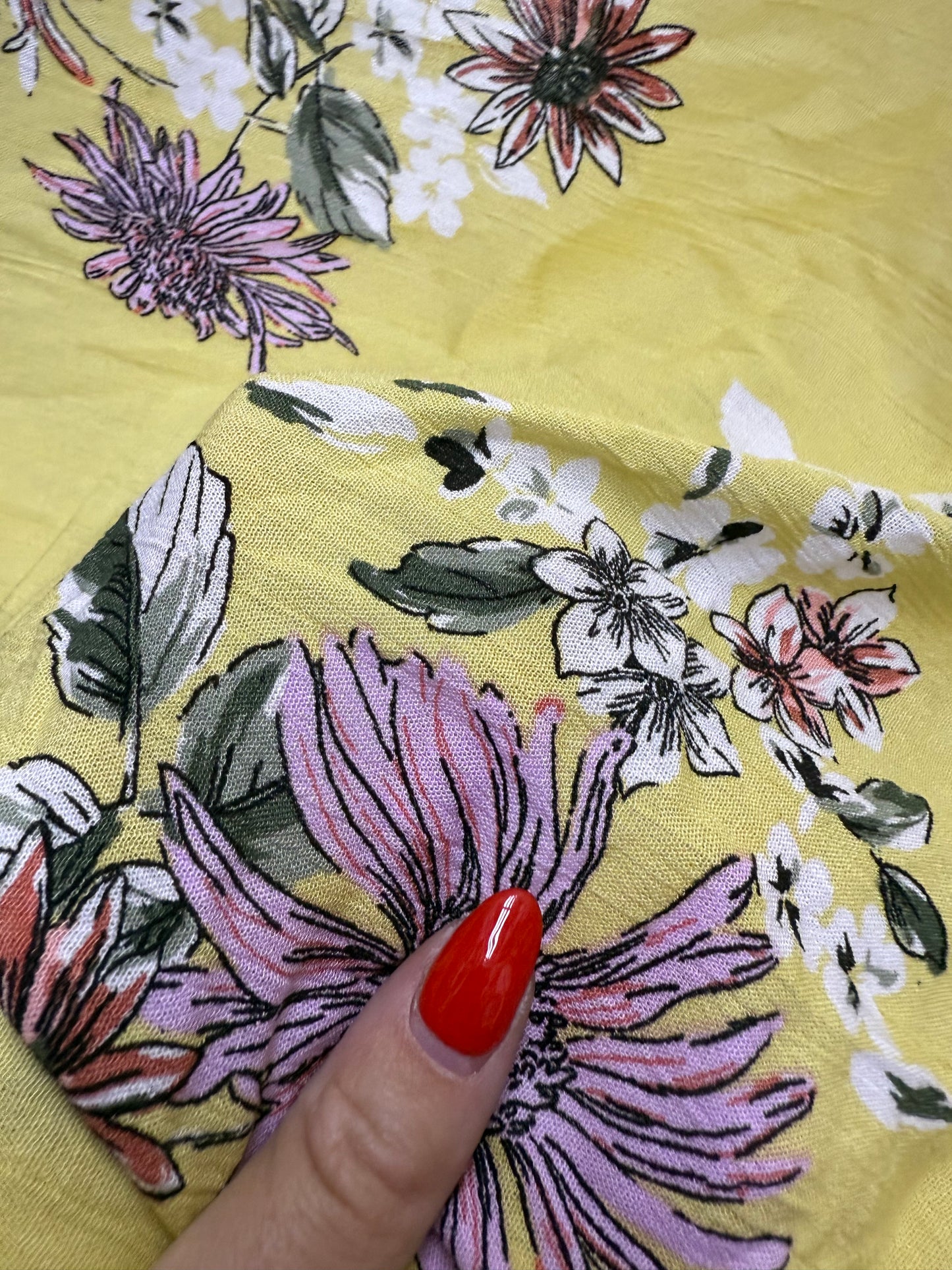 Yellow Pink White Floral Print Rayon Crepe Woven "Mellow Chrysanthemum"