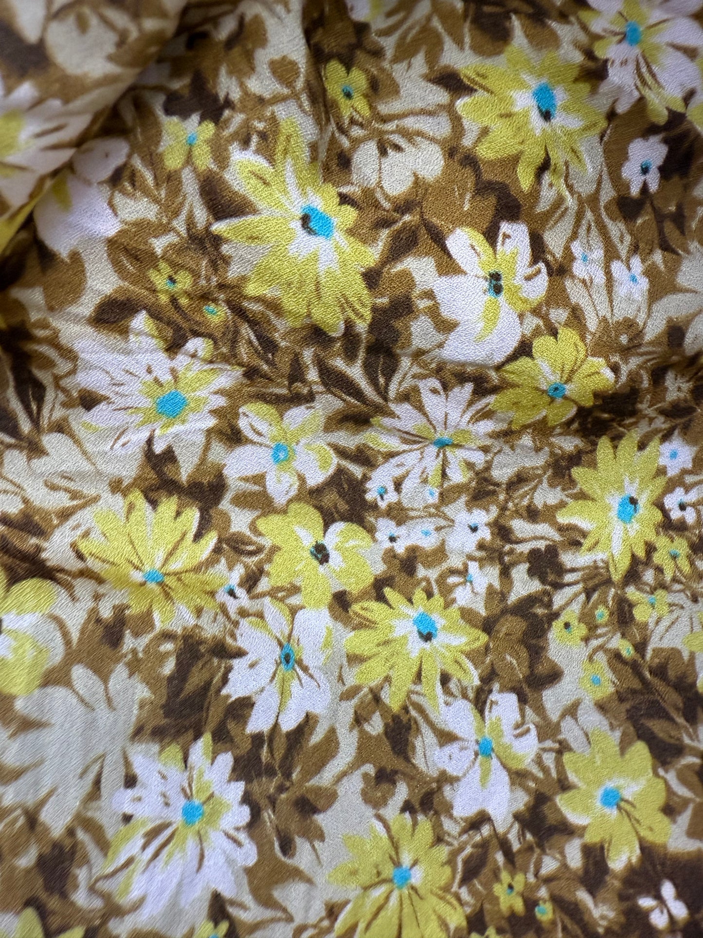 Brown Yellow White Floral Daisy Print Soft Rayon Crepe Woven "Bright Spots"