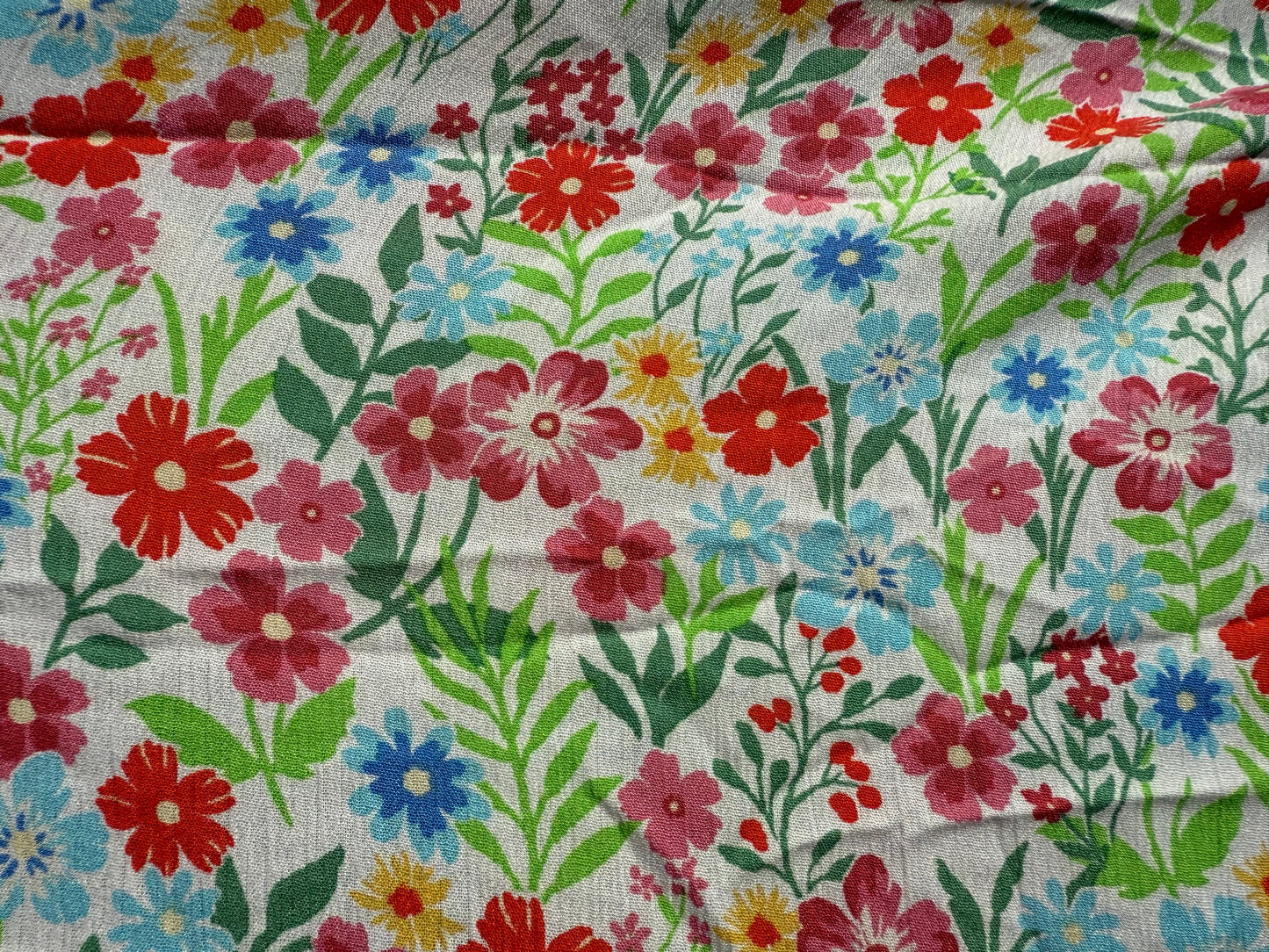 White Blue Red Green Multi Color Ditsy Floral Rayon Challis "Off To The Meadow"