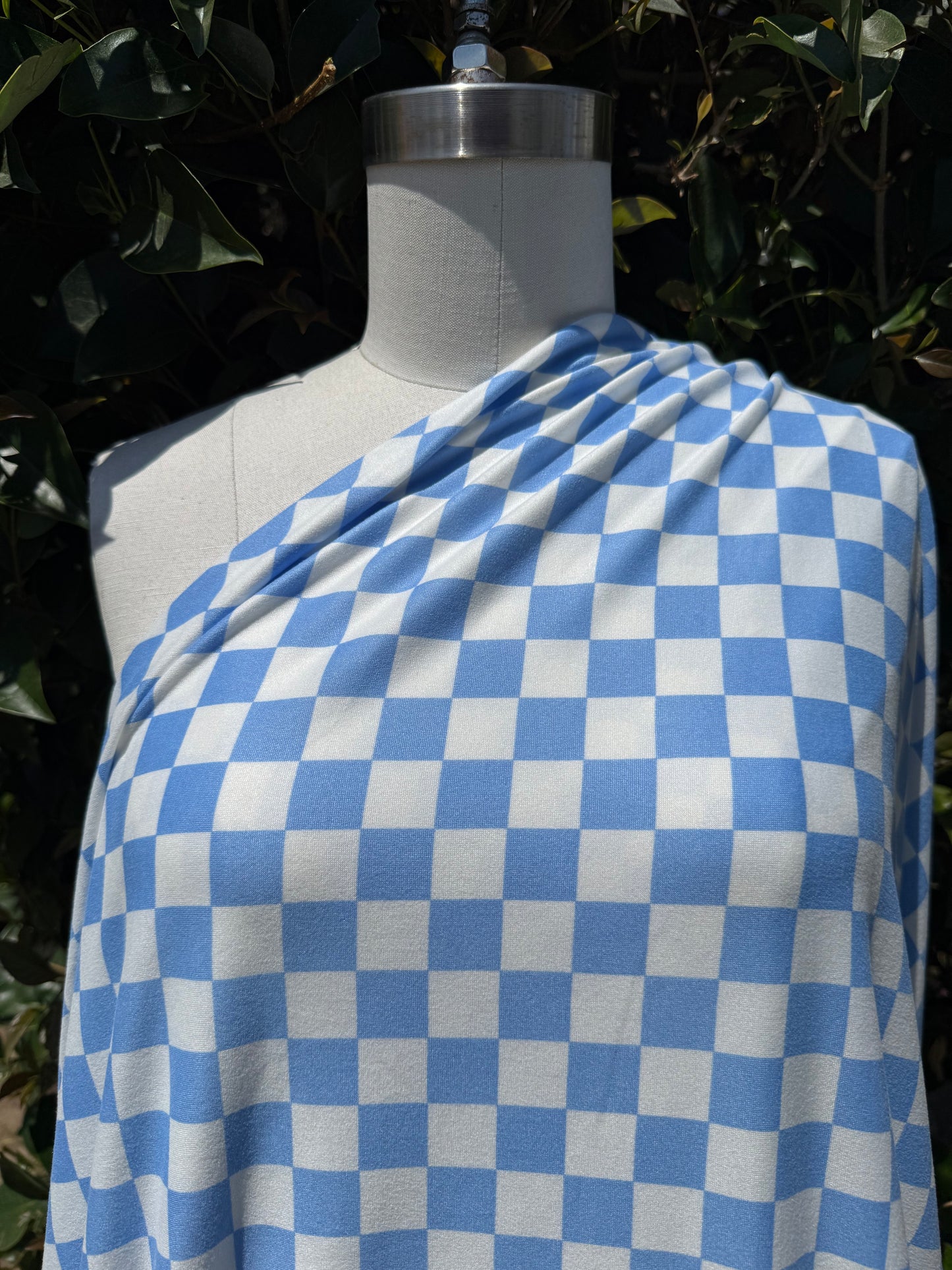 Light Blue White Checker Plaid Polyester Spandex "Sky Squares"