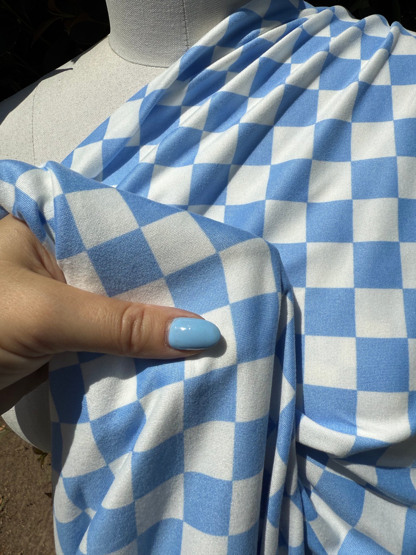Light Blue White Checker Plaid Polyester Spandex "Sky Squares"