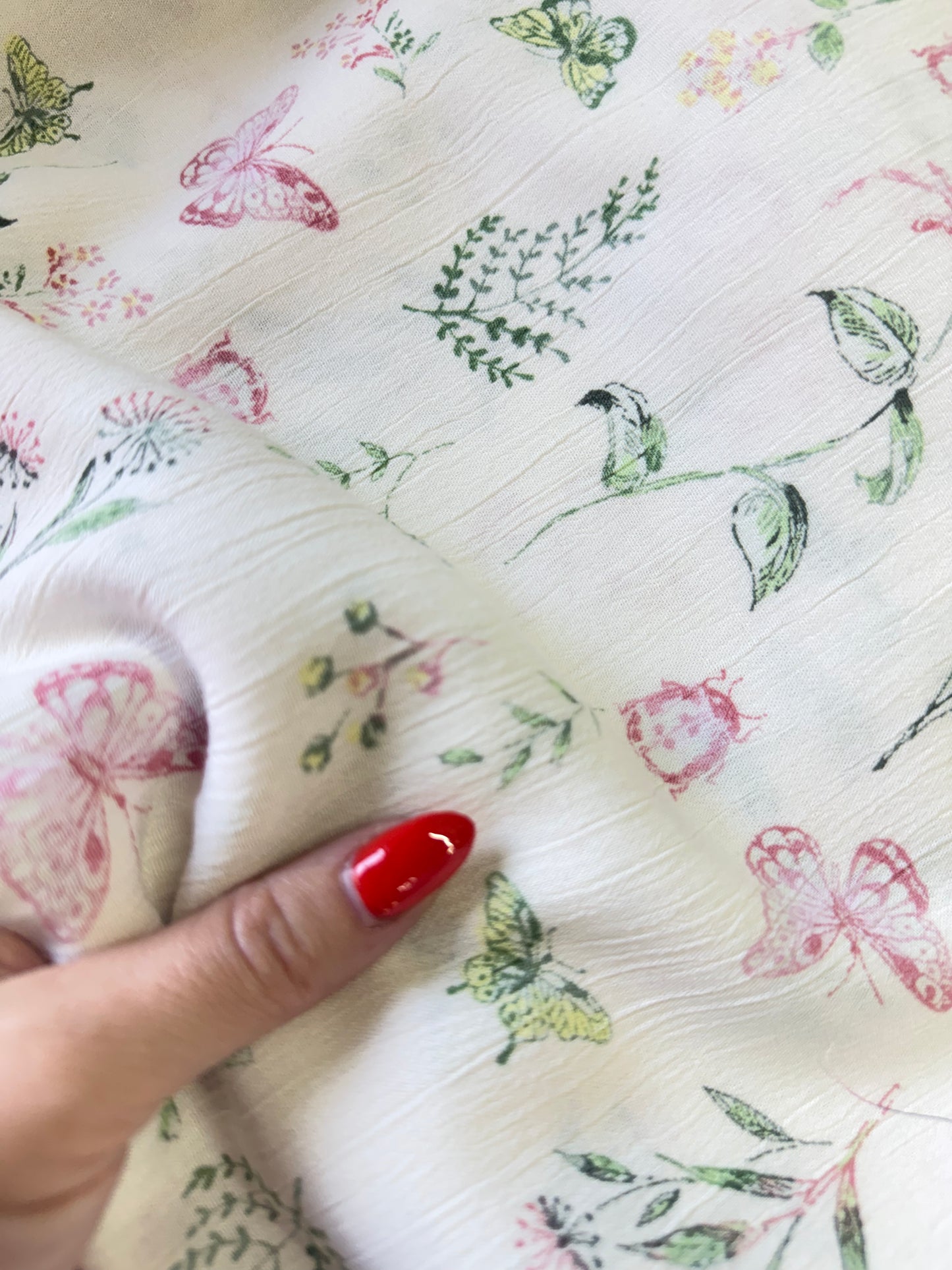 White Green Pink Butterfly Floral Print Rayon Crepe "Painted Lady"