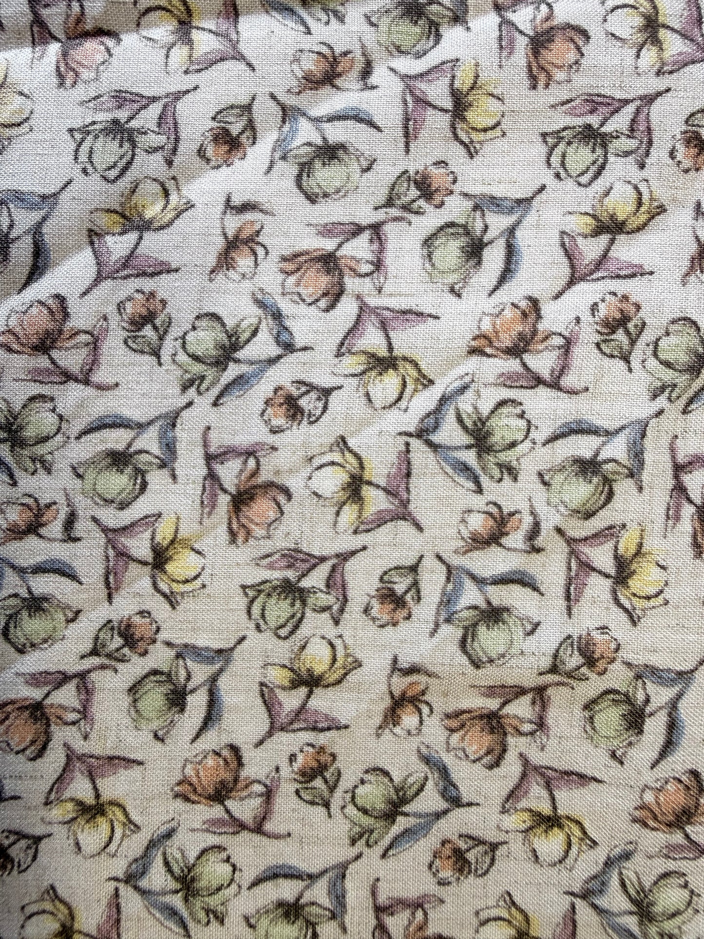 Taupe Green Yellow Peach Ditsy Tulip Floral Rayon Crepe Woven "Mini Blooms"