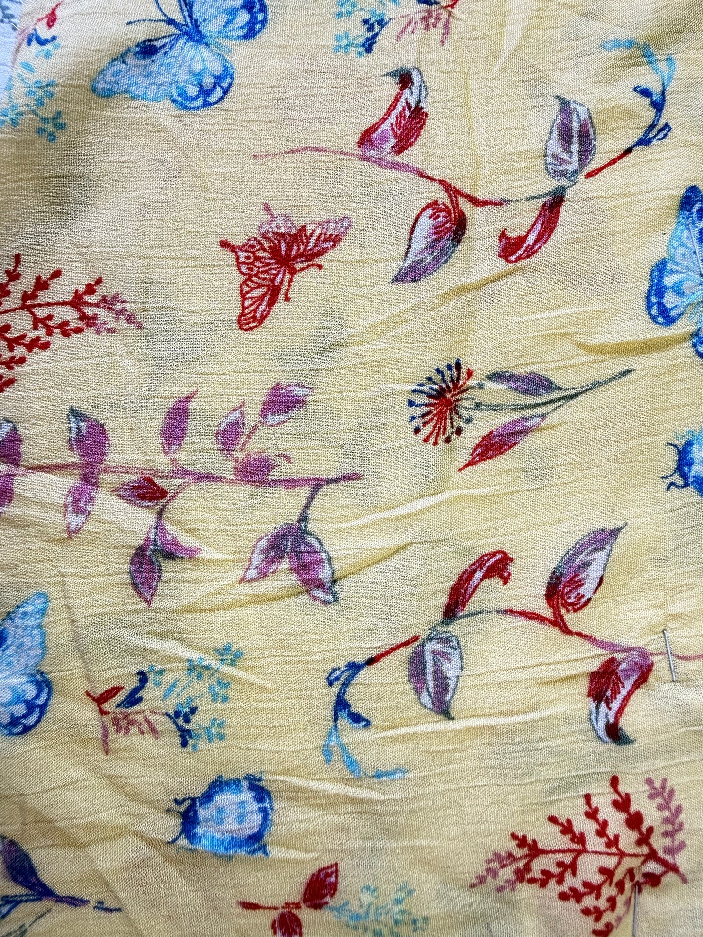 Yellow Red Blue Butterfly Floral Print Rayon Crepe Woven "Swallowtail"