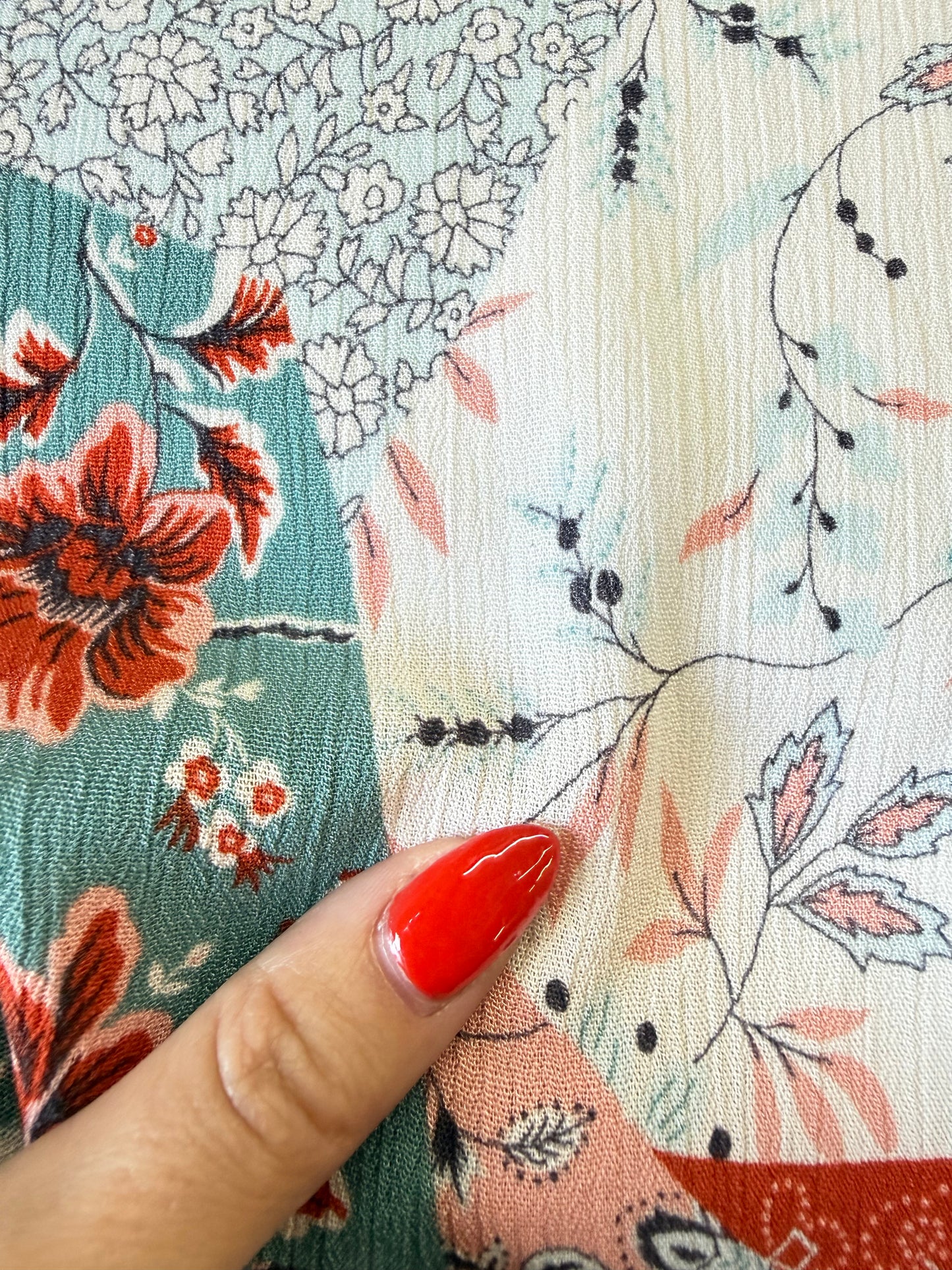 Ivory Rust Turquoise Patchwork Floral Rayon Crepe Woven "Autumn on the Praire"
