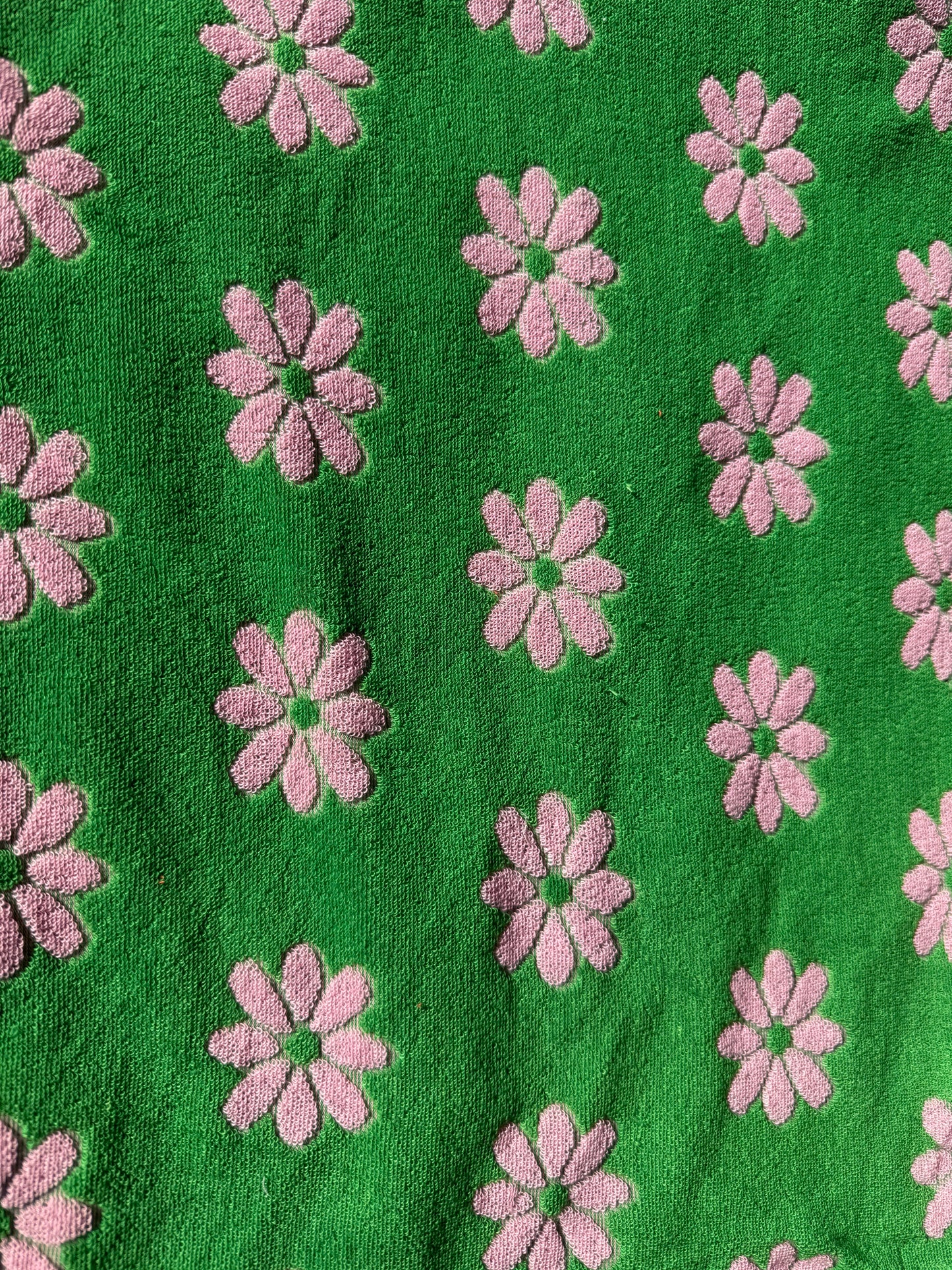 Green Pink Daisy Floral Polyester Terry Cloth Knit "Spring Daisy"