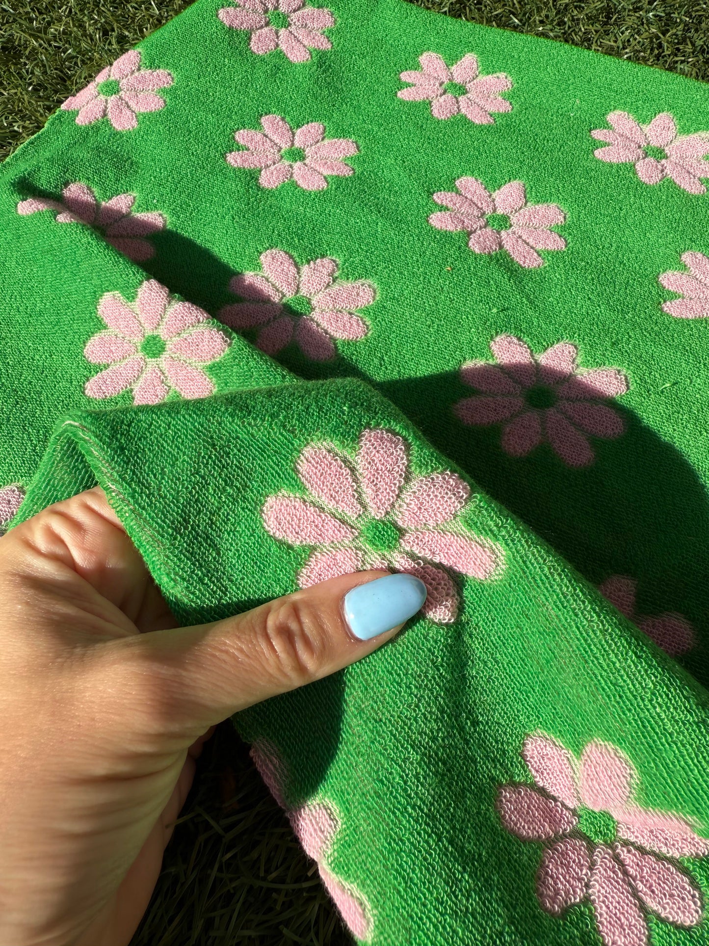 Green Pink Daisy Floral Polyester Terry Cloth Knit "Spring Daisy"