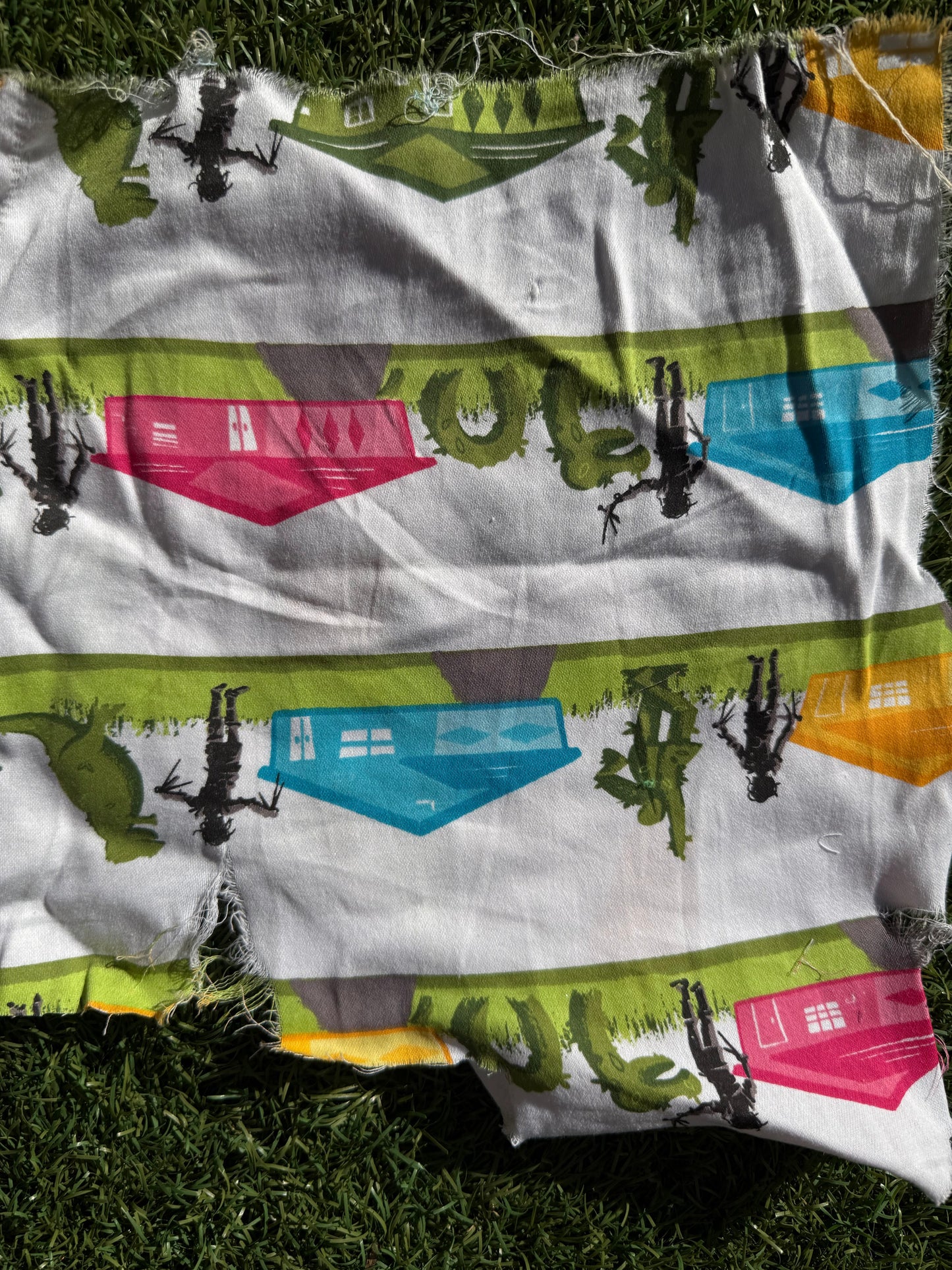 Pink Blue Orange Black Houses Decorative Hedeges Edward Sissorhands Cotton Spandex Sateen Woven "Sculpting in Suburbia"