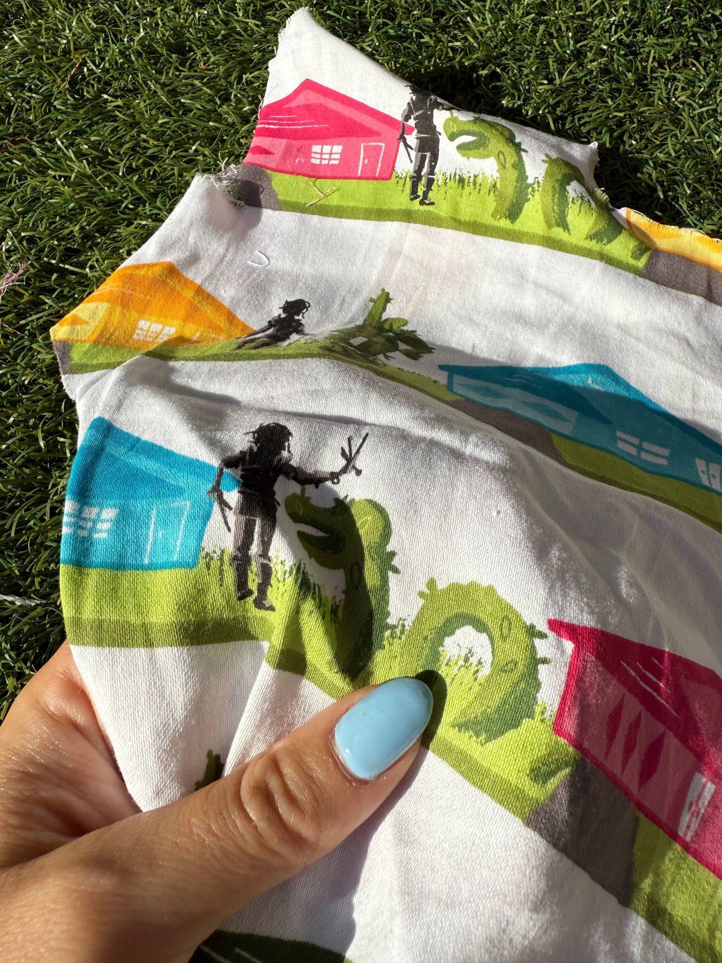 Pink Blue Orange Black Houses Decorative Hedeges Edward Sissorhands Cotton Spandex Sateen Woven "Sculpting in Suburbia"