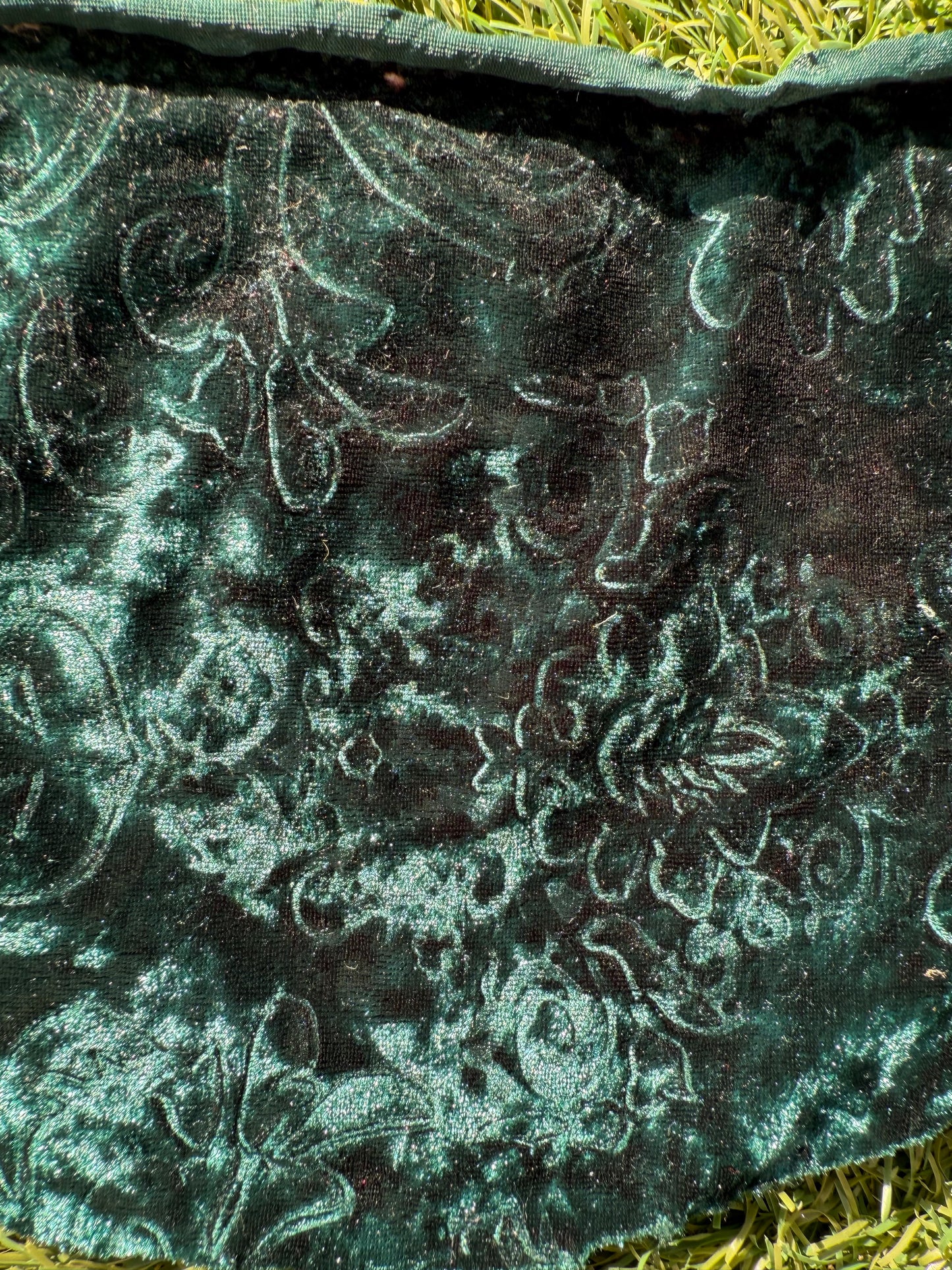 Dark Green Scrollwork Impressed Polyester Spandex Stretch Velvet Knit "Evergreen Scroll"