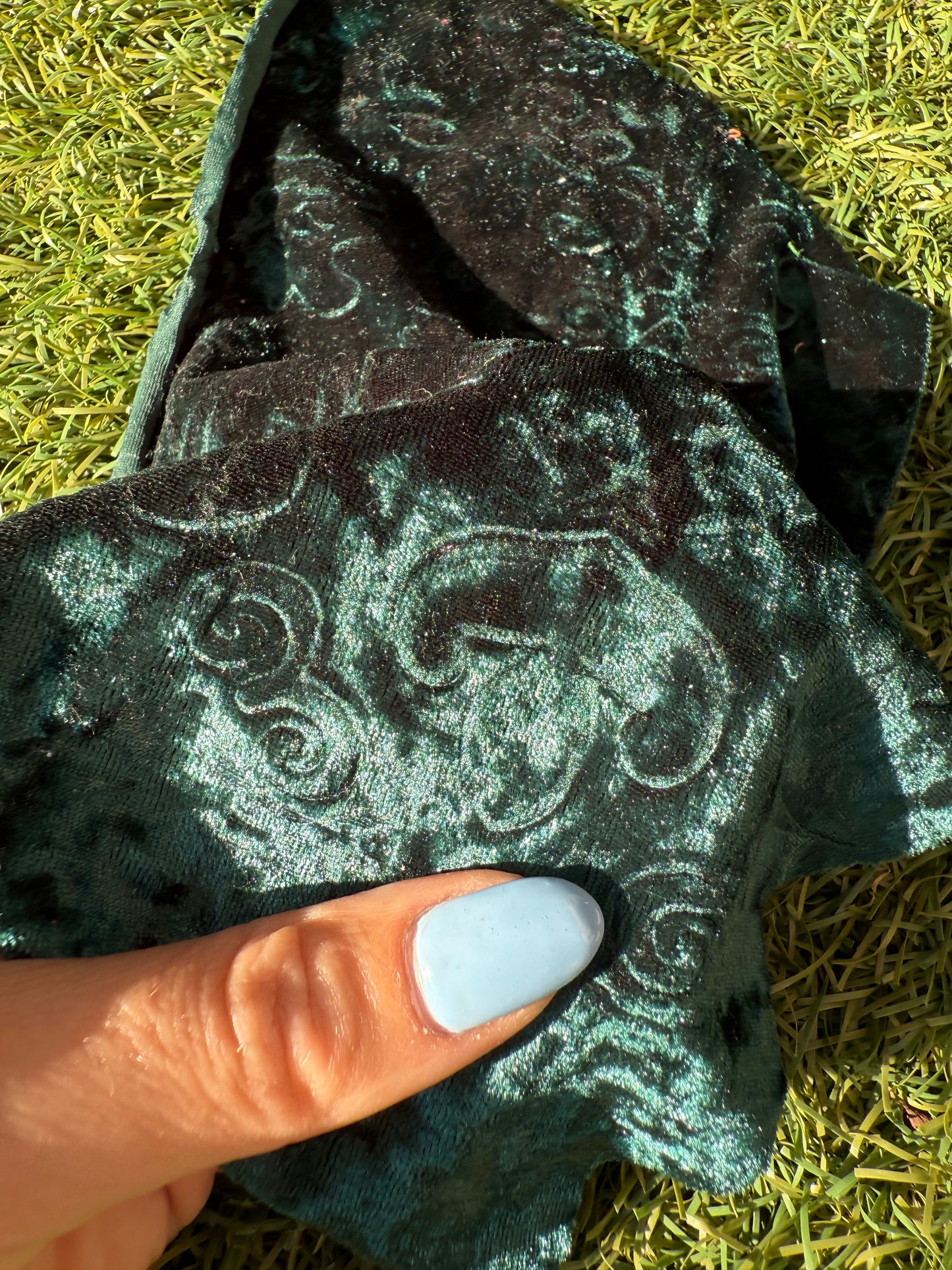 Dark Green Scrollwork Impressed Polyester Spandex Stretch Velvet Knit "Evergreen Scroll"