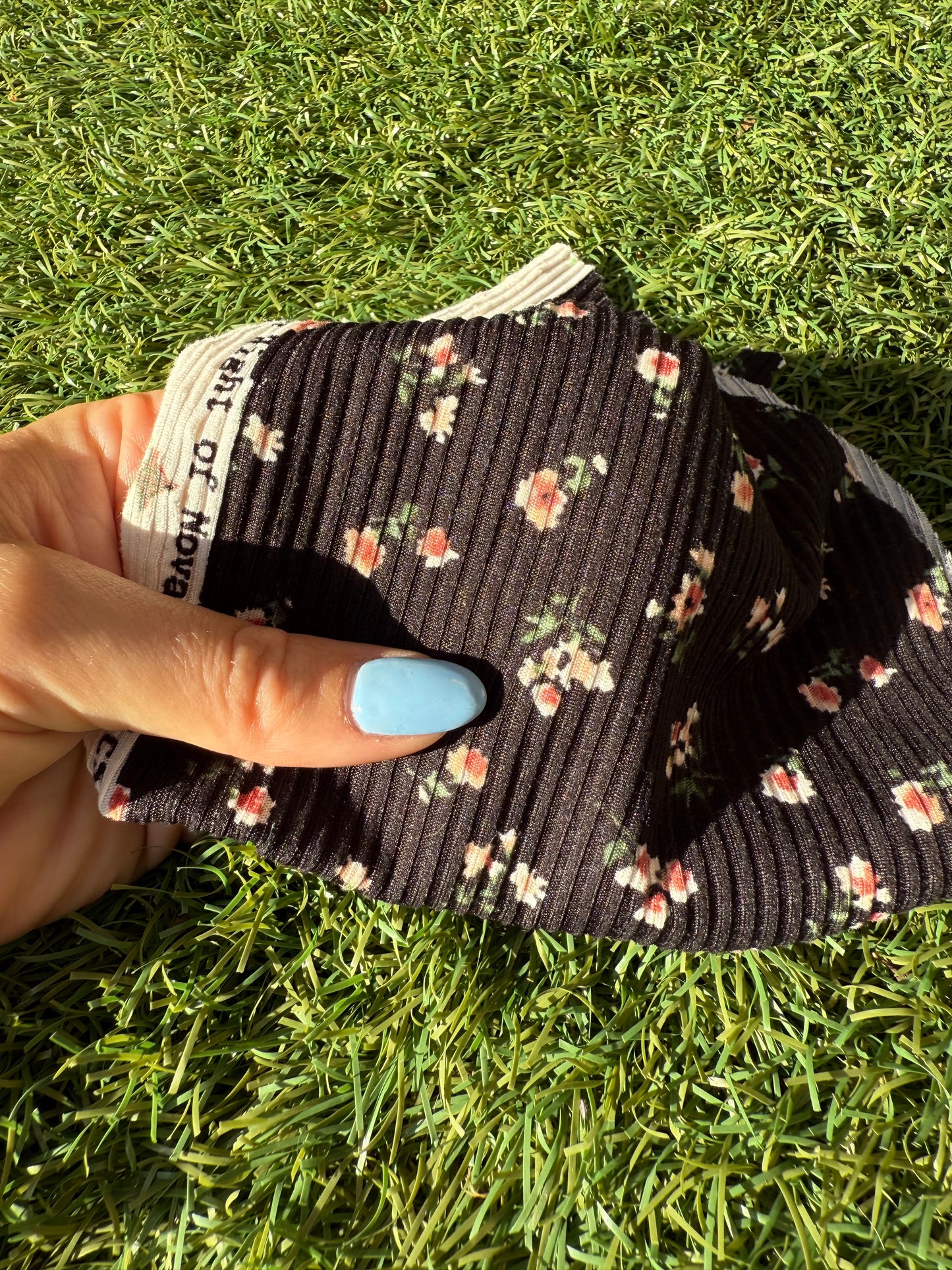 Black Pink Green Ditsy Floral Polyester Spandex Brush Rib Knit "Moody Garden Beds"