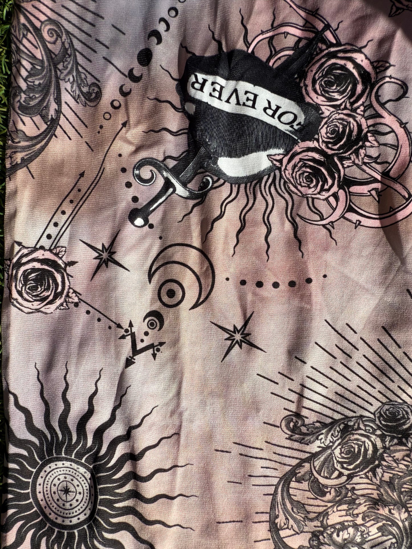 Pink Black Tie-dye Sword in Heart Sun Floral Ink Moon Polyester Spandex Jersey Knit "Love Never Dies"