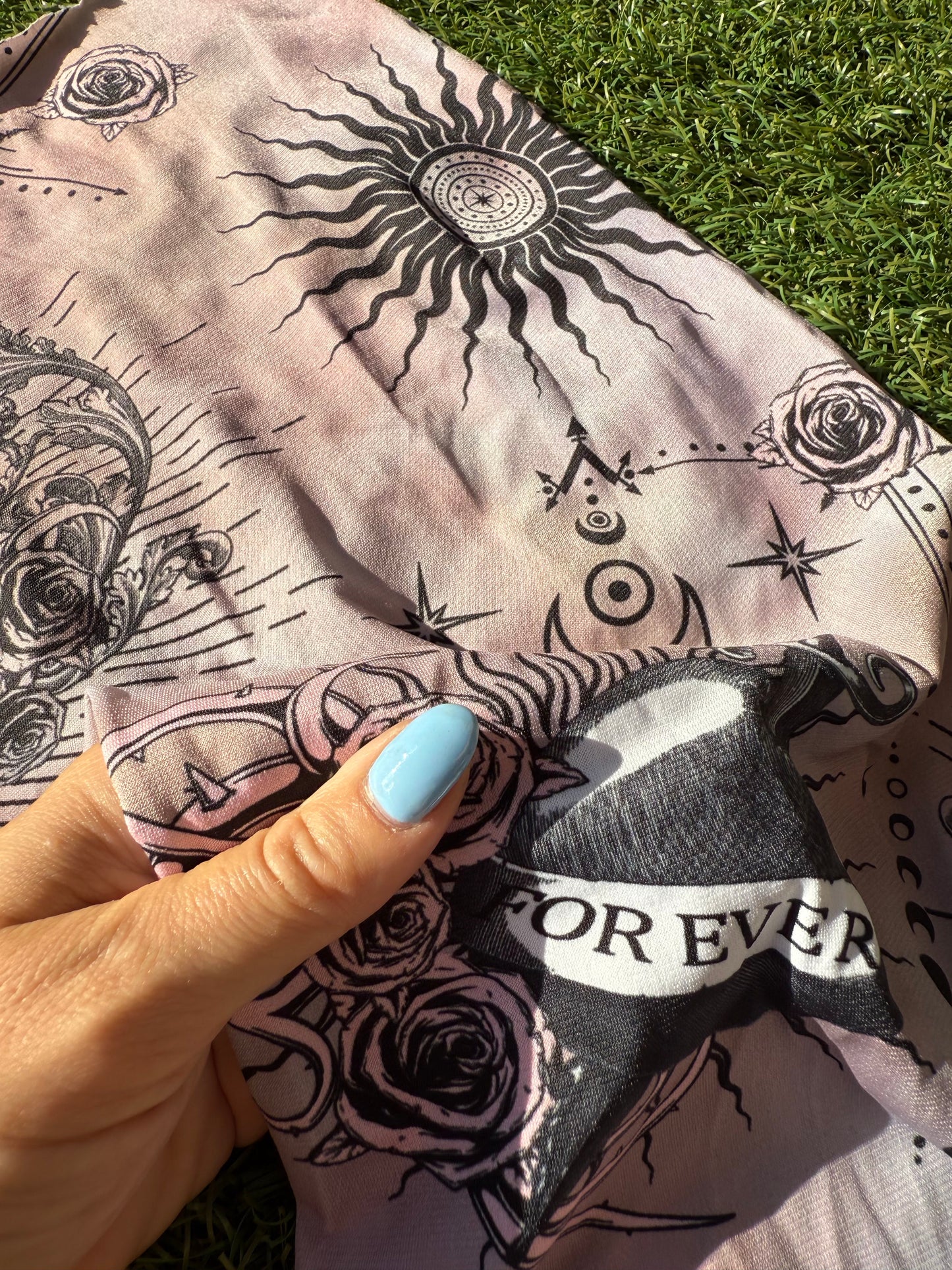 Pink Black Tie-dye Sword in Heart Sun Floral Ink Moon Polyester Spandex Jersey Knit "Love Never Dies"