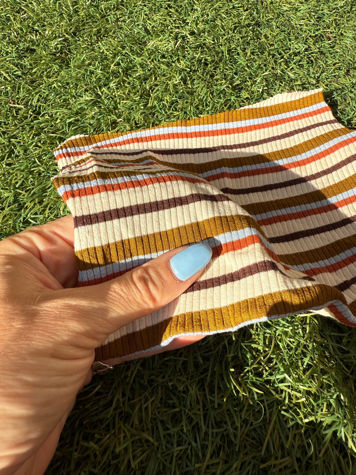 Cream Mustard Blue Rust Brown Striped Cotton Spandex Rib Knit "Lost in Hawkins"