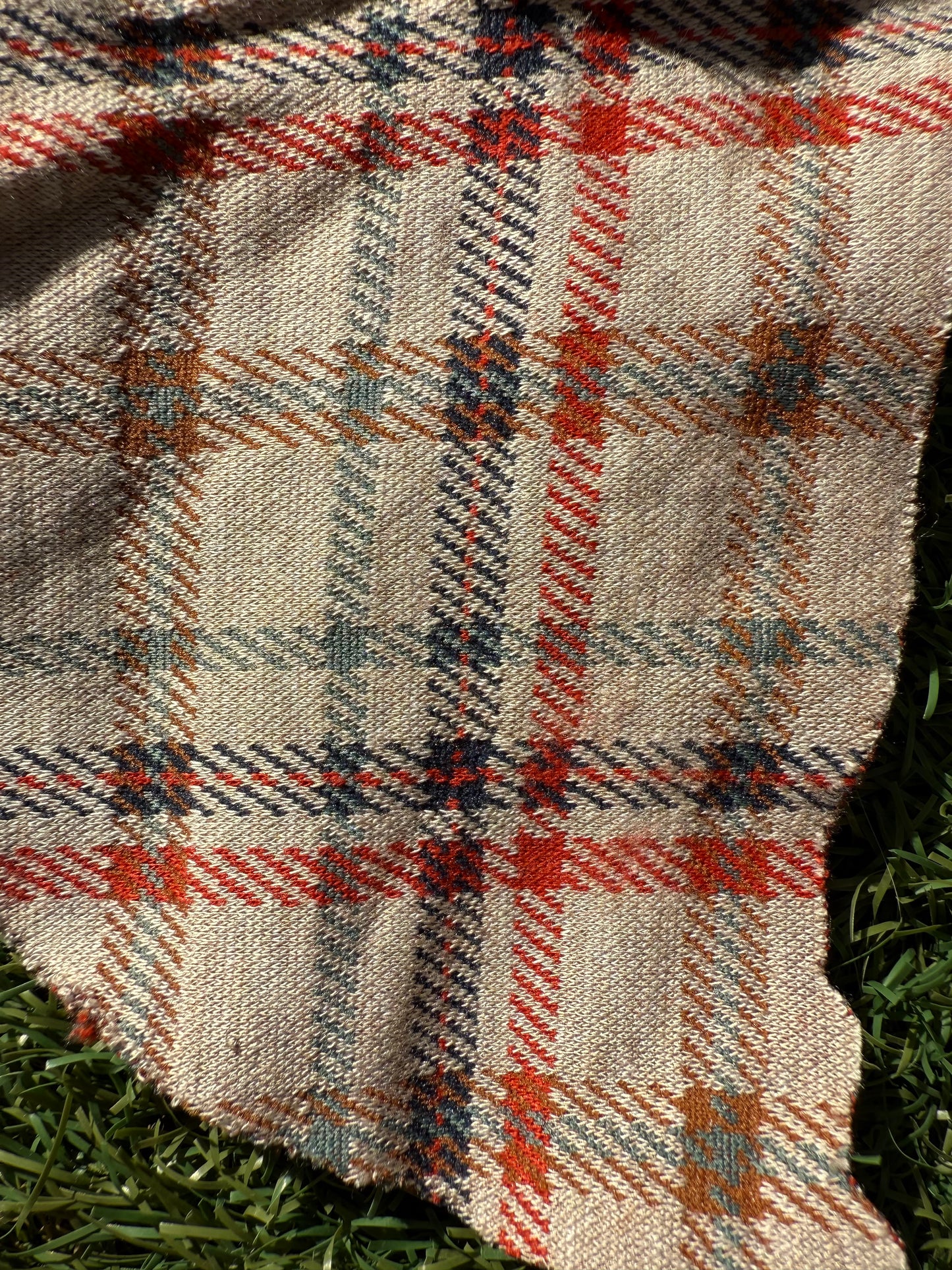 Blue Red Orange Tan Beige Rayon Polyester Spandex Ponte Knit "Sunbaked Tartan"