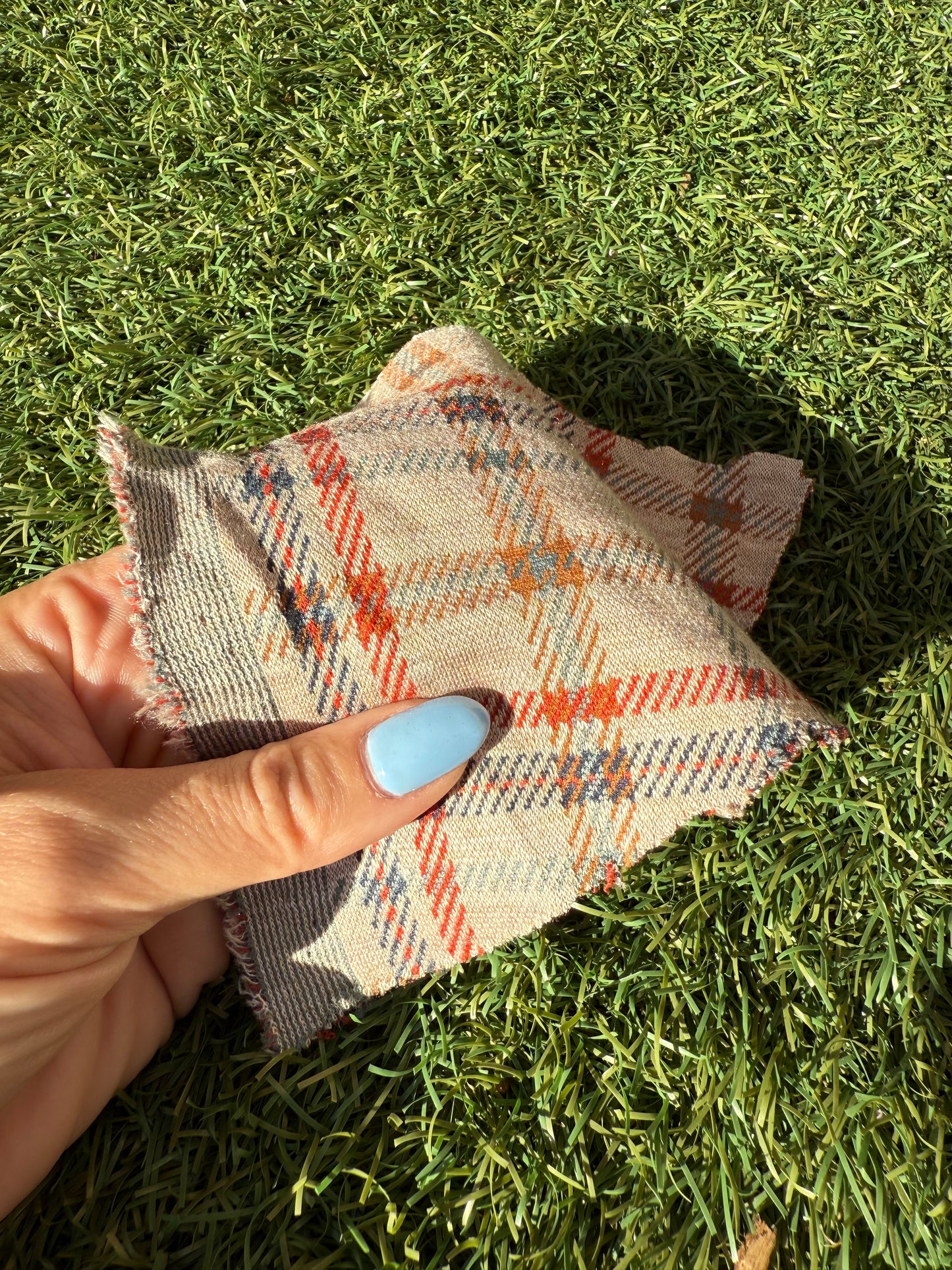 Blue Red Orange Tan Beige Rayon Polyester Spandex Ponte Knit "Sunbaked Tartan"