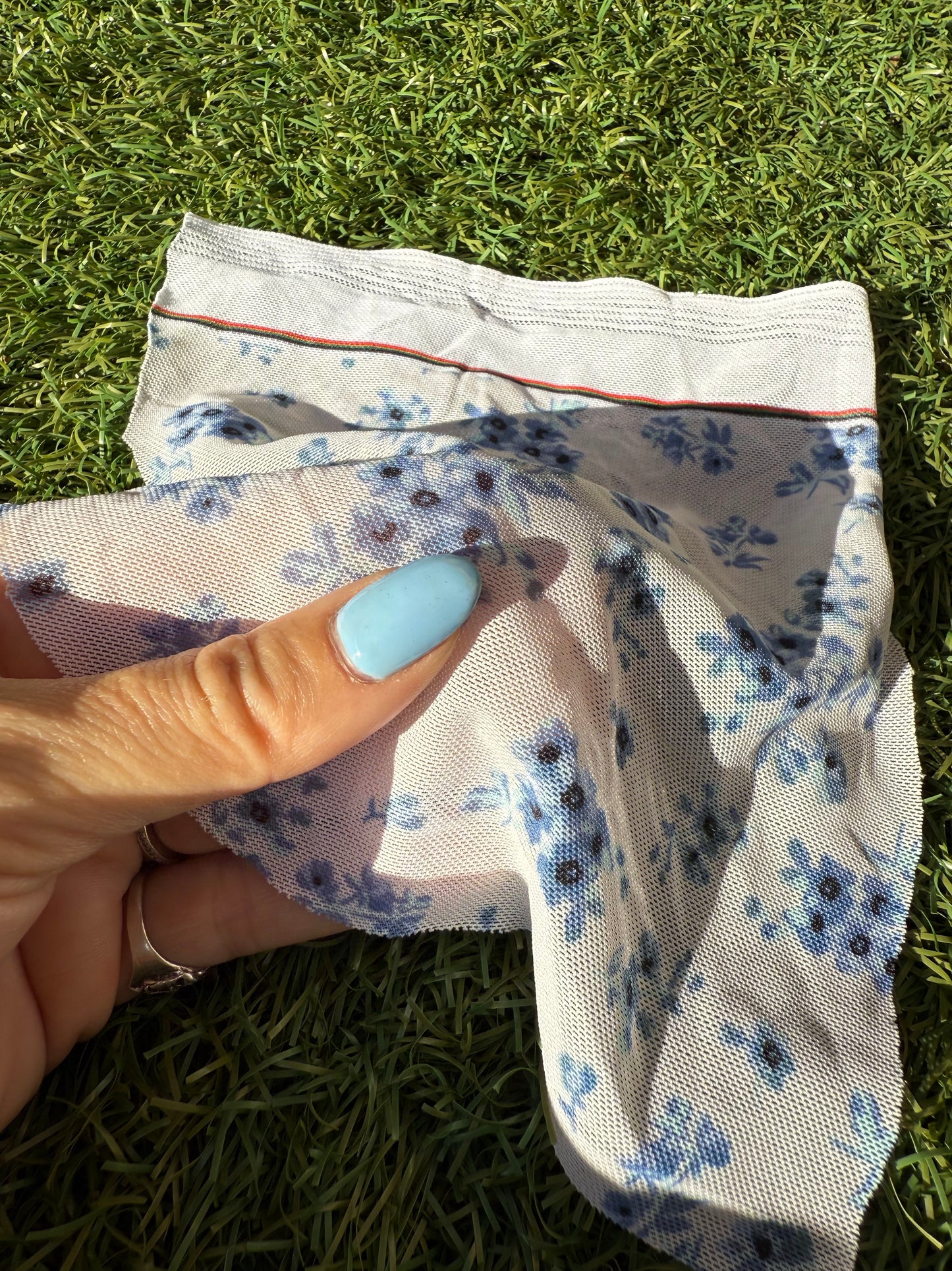 Blue White Floral Micro Stretch Mesh Polyester Spandex Knit "Delftware Bouquet "