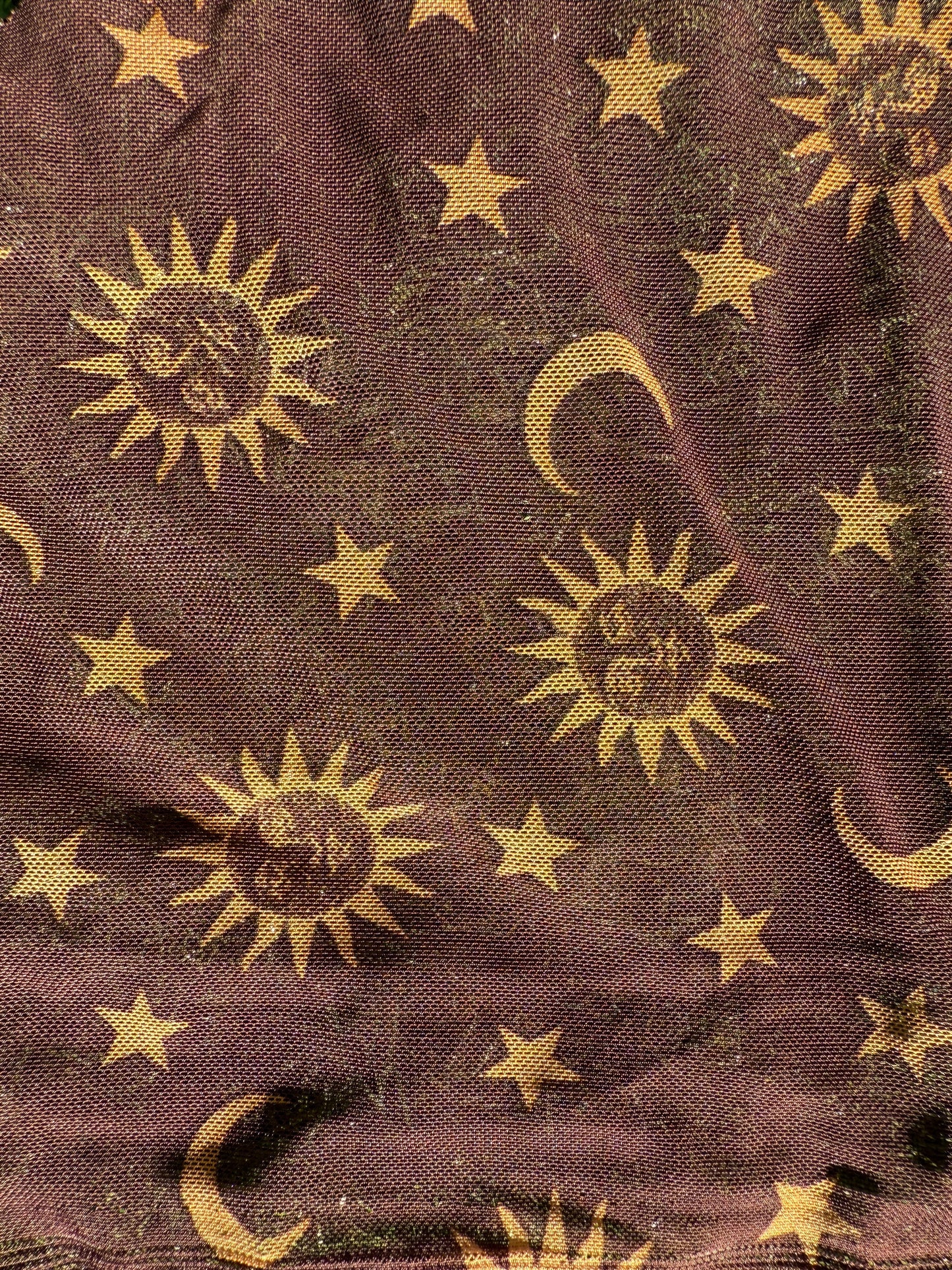 Brown Yellow Sum Moon Stars Micro Stretch Mesh Polyester Spandex Knit "Celestial Splendor"