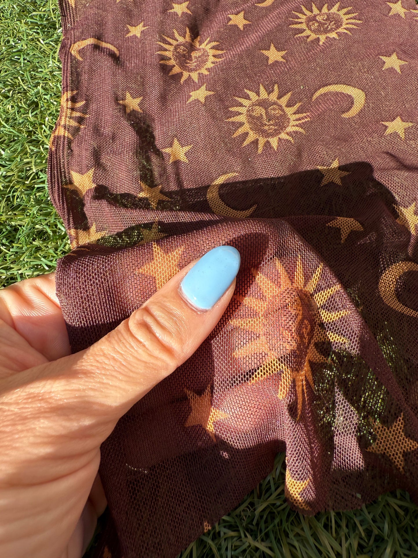 Brown Yellow Sum Moon Stars Micro Stretch Mesh Polyester Spandex Knit "Celestial Splendor"