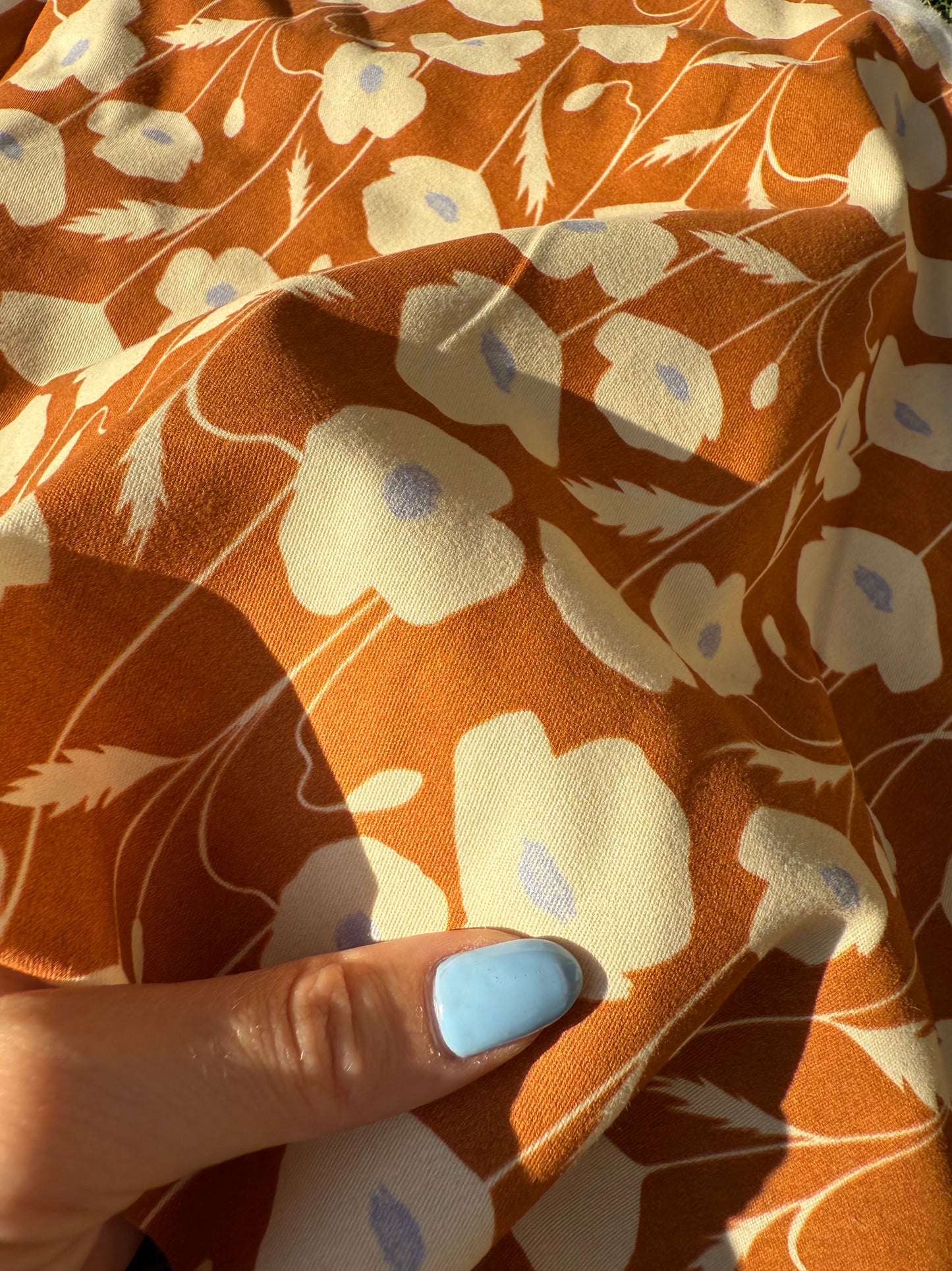 Gold Rust White Floral Print Lightweight Cotton Twill Woven "Caramel Wildflowers"