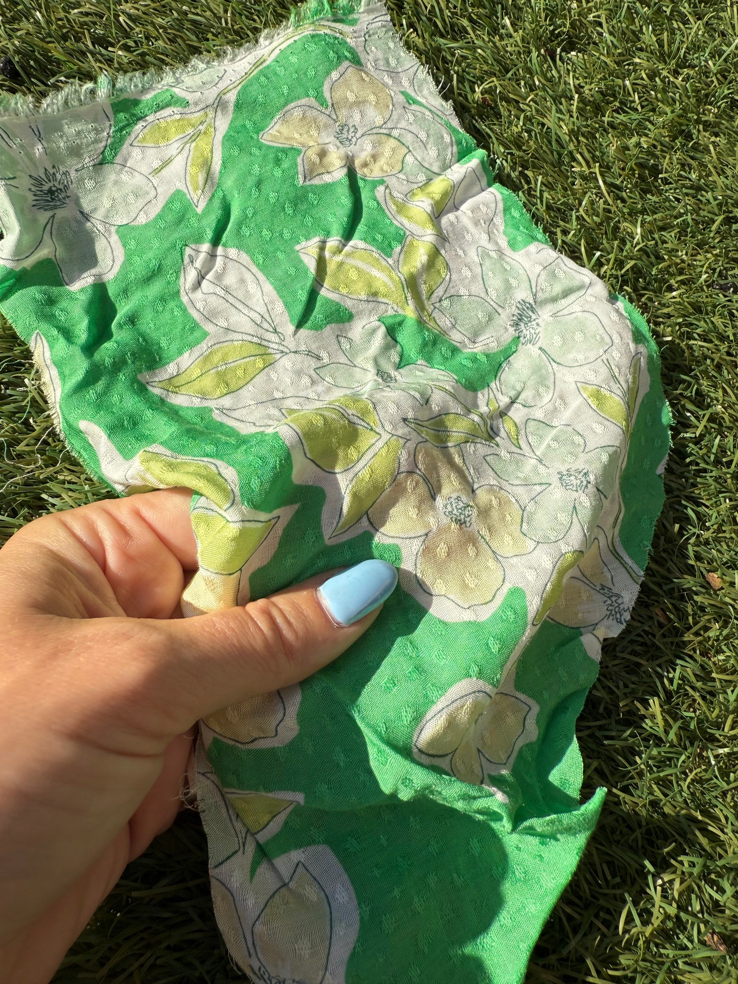 Green White Yellow Spring Floral Print Sheer Dot Rayon Challis Woven "Going Green"