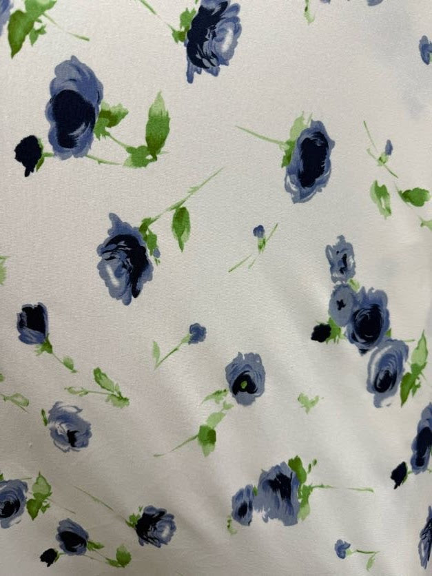 Blue Green White Floral Print Baby Rib 1x1 Vintage Cotton Spandex Jersey Knit "Blue Buds"