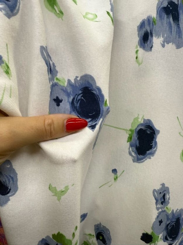 Blue Green White Floral Print Baby Rib 1x1 Vintage Cotton Spandex Jersey Knit "Blue Buds"