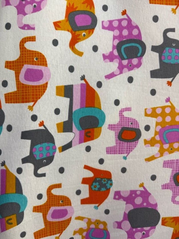 Pink Blue Orange Purple Gray Yellow White Dot Elephant Baby Rib 1x1 Cotton Spandex Jersey Knit "Curious Elephants"