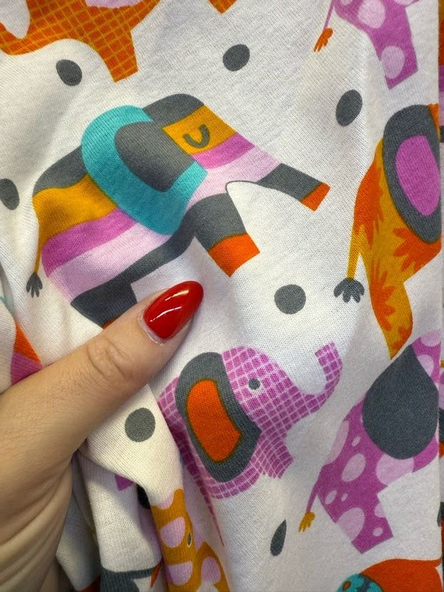 Pink Blue Orange Purple Gray Yellow White Dot Elephant Baby Rib 1x1 Cotton Spandex Jersey Knit "Curious Elephants"