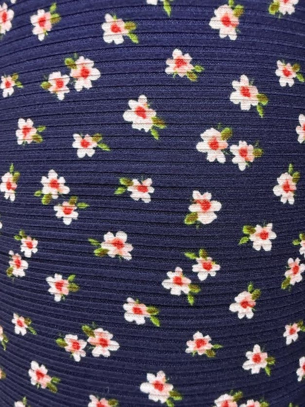 Blue Green White Pink Ditsy Floral Rib Polyester Spandex Knit "Magnolia in Blue"