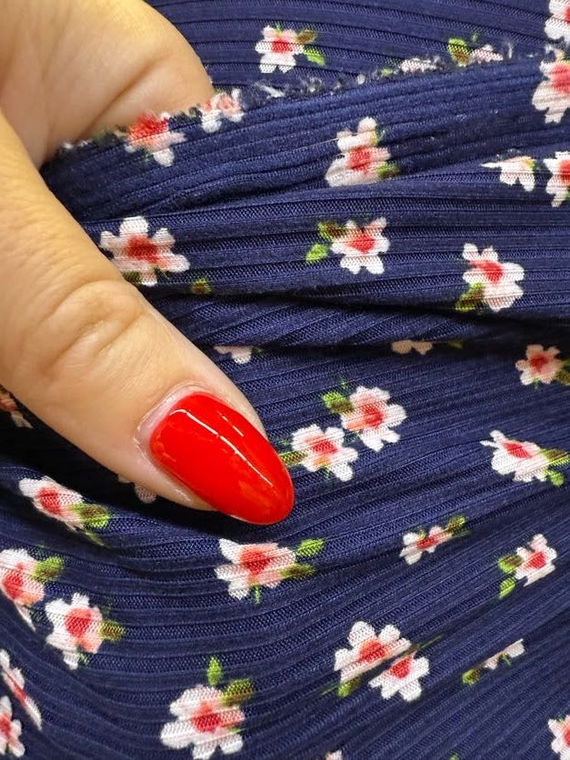 Blue Green White Pink Ditsy Floral Rib Polyester Spandex Knit "Magnolia in Blue"