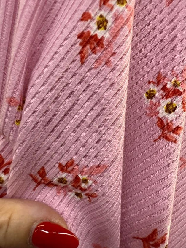 Pink Red White Yellow Floral Rib Polyester Spandex Knit "Planted in Pink"