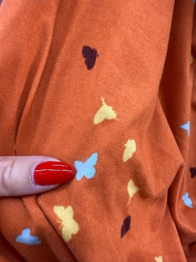 Orange Light Blue Yellow Brown Ditsy Butterfly Brushed Polyester Spandex Jersey Knit "Autumn Wings"