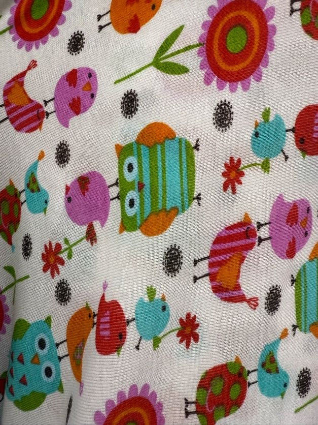 Pink Blue Green Red Orange White Animal Bird Owls Floral Cute Baby Rib 1x1 Cotton Spandex Jersey "Tweet Tweet Hoot"
