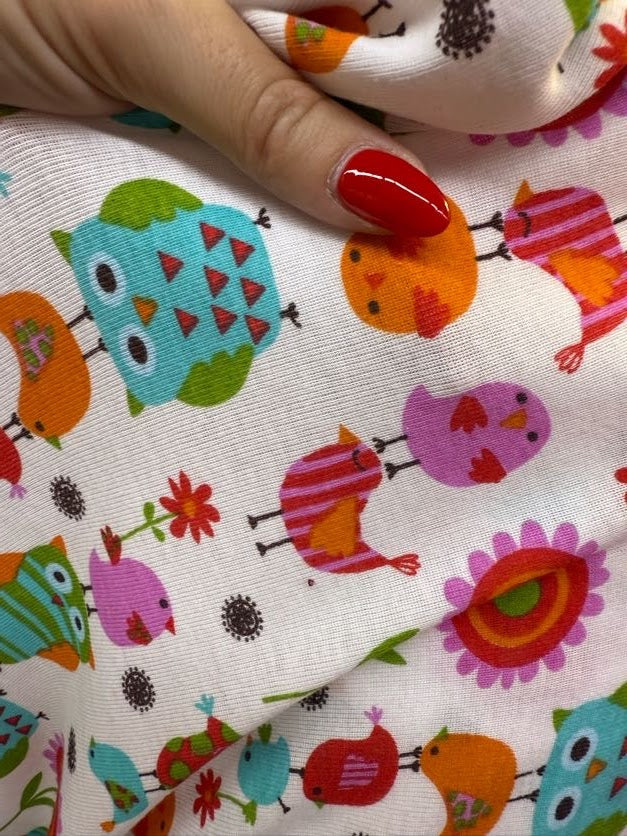 Pink Blue Green Red Orange White Animal Bird Owls Floral Cute Baby Rib 1x1 Cotton Spandex Jersey "Tweet Tweet Hoot"