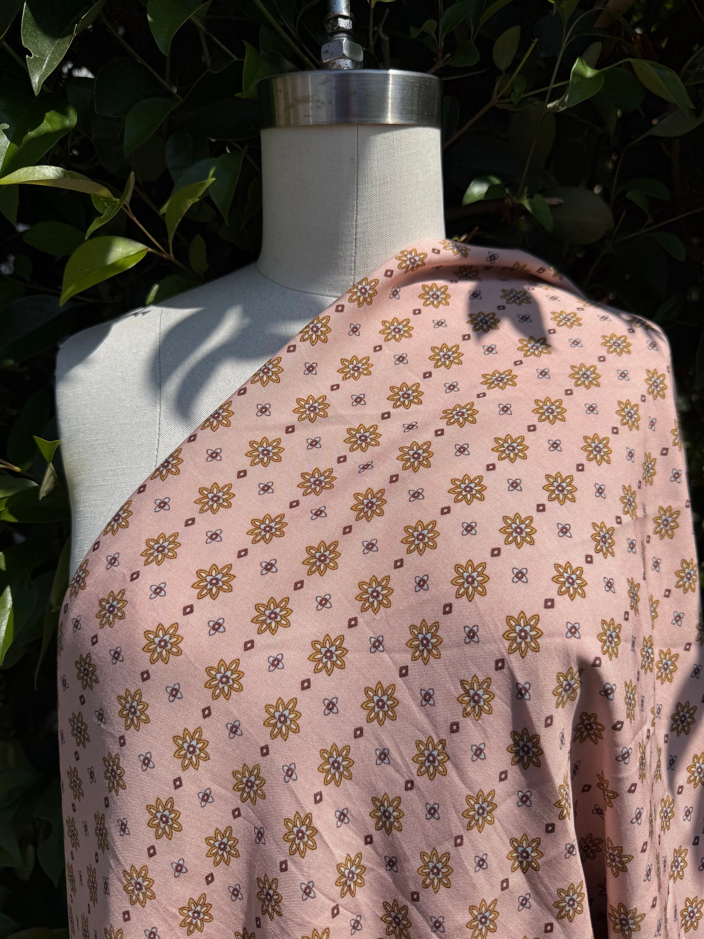 Light Pink Gold Blue Brown Ditsy Floral Geometric Print Rayon Challis Woven "Rosemilk Daisy"