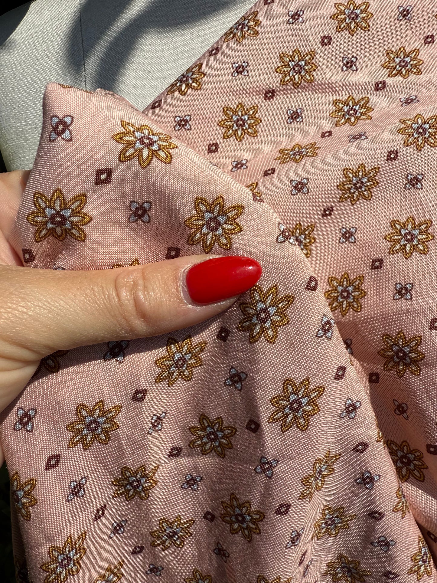 Light Pink Gold Blue Brown Ditsy Floral Geometric Print Rayon Challis Woven "Rosemilk Daisy"