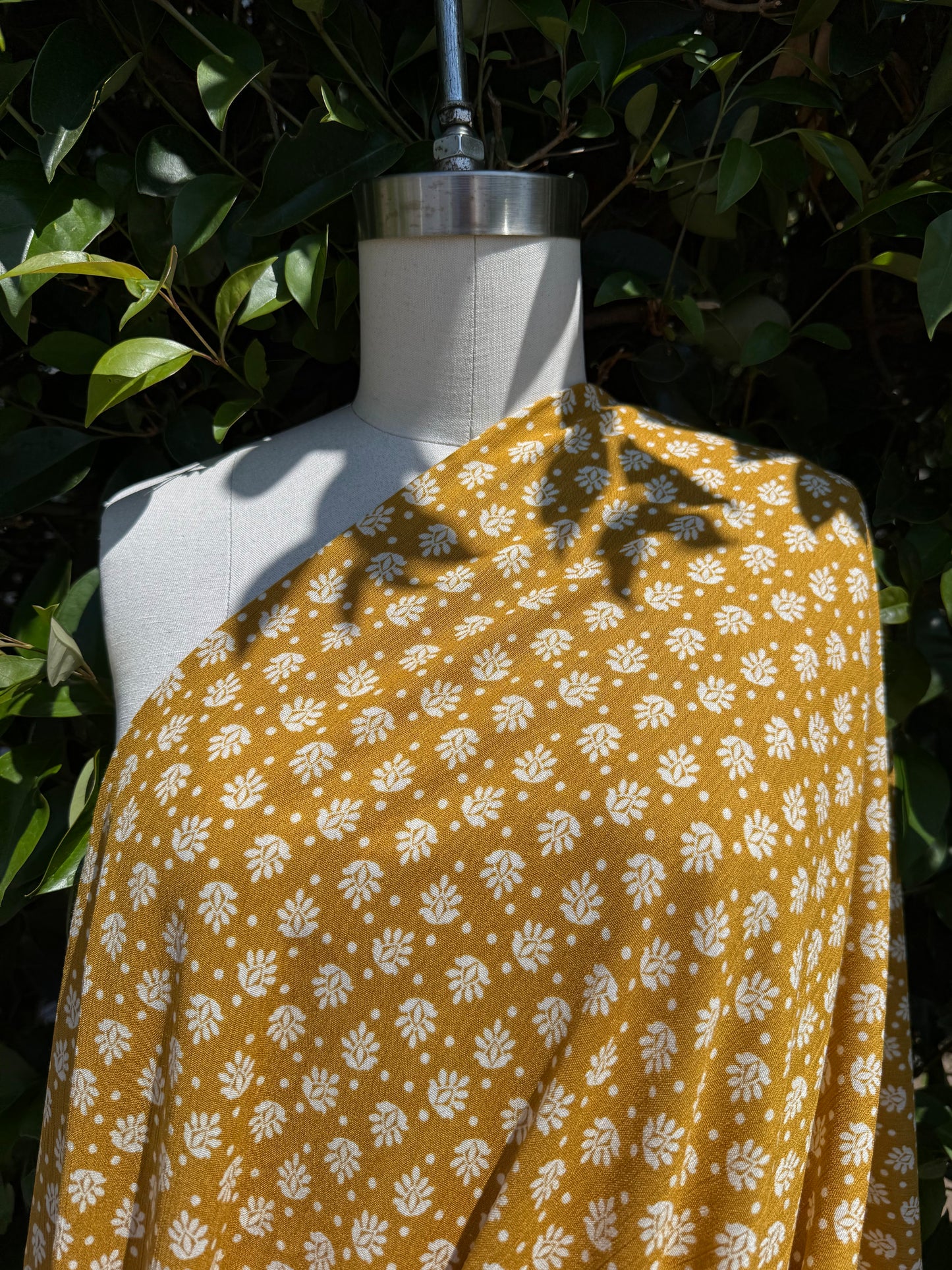 Mustard White Leaf Dot Boho Rayon Crepe Woven "Golden Leaf"