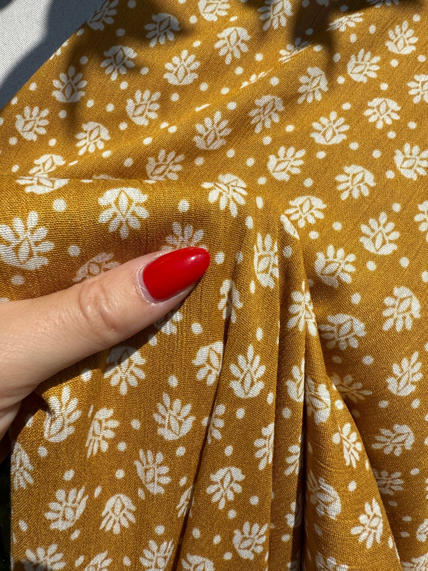 Mustard White Leaf Dot Boho Rayon Crepe Woven "Golden Leaf"