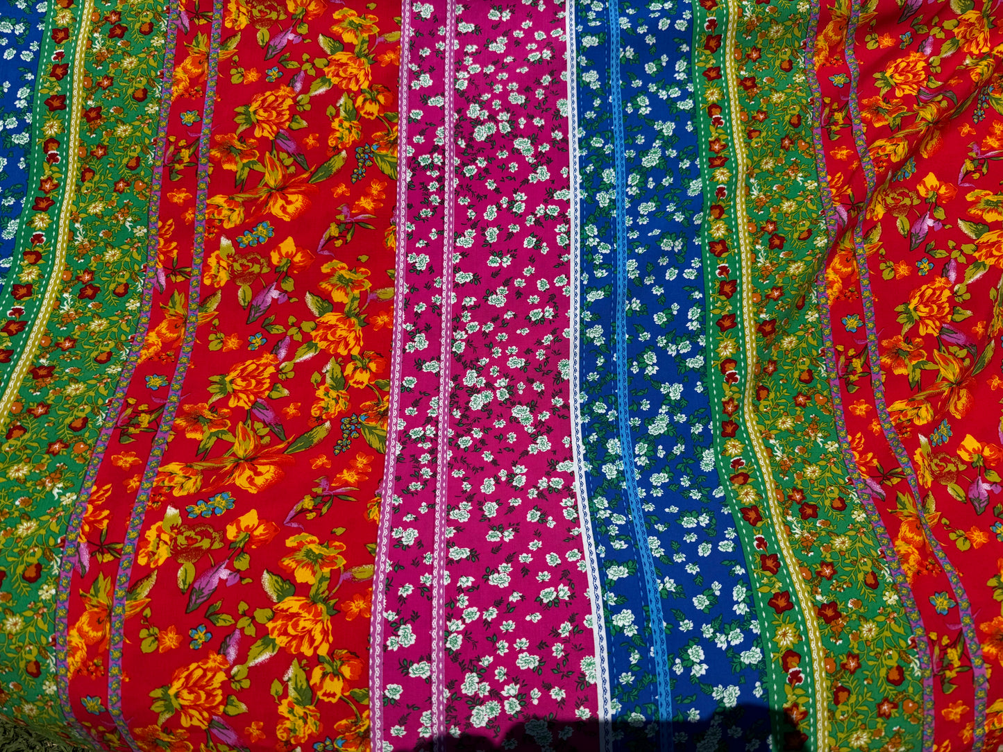 Pink Blue Green Yellow Bright Multi Stripe Floral Boho Retro Rayon Challis woven "Auntie Jackie"