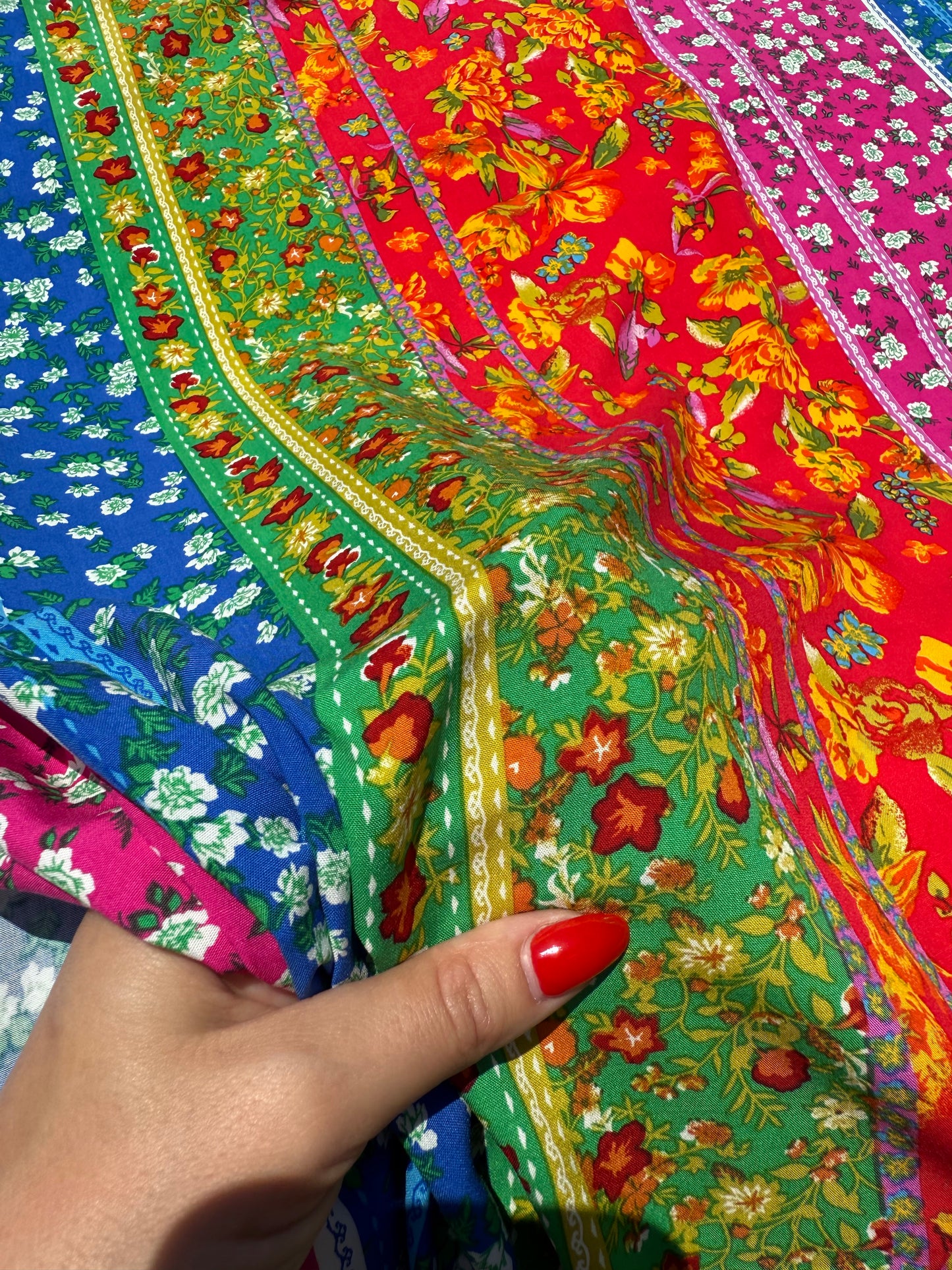 Pink Blue Green Yellow Bright Multi Stripe Floral Boho Retro Rayon Challis woven "Auntie Jackie"