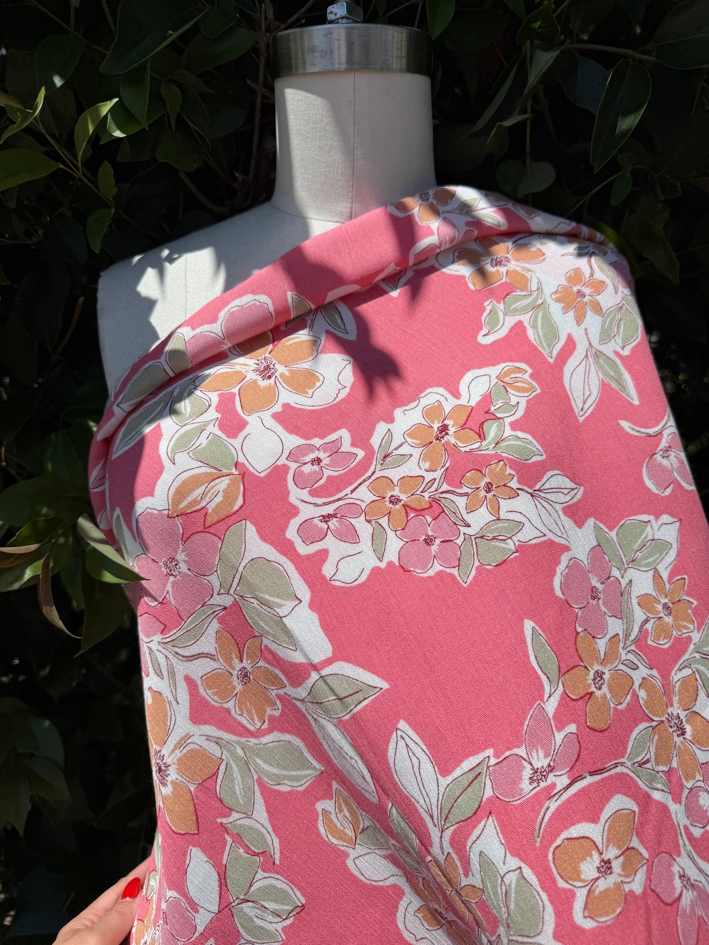 Pink Orange Green Off-white Floral Drawing Print Rayon Crepe Woven "Peach Blossoms"