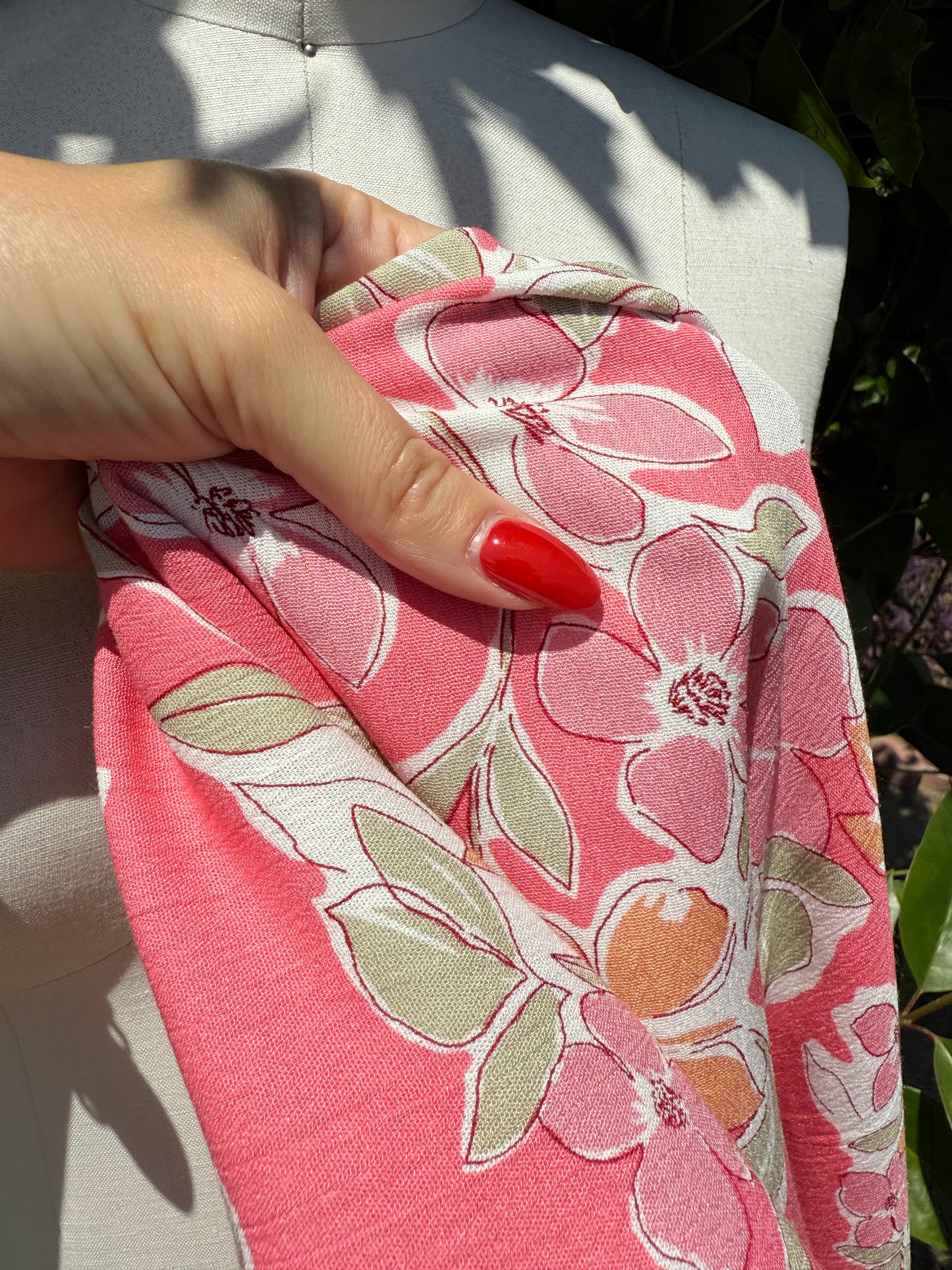 Pink Orange Green Off-white Floral Drawing Print Rayon Crepe Woven "Peach Blossoms"