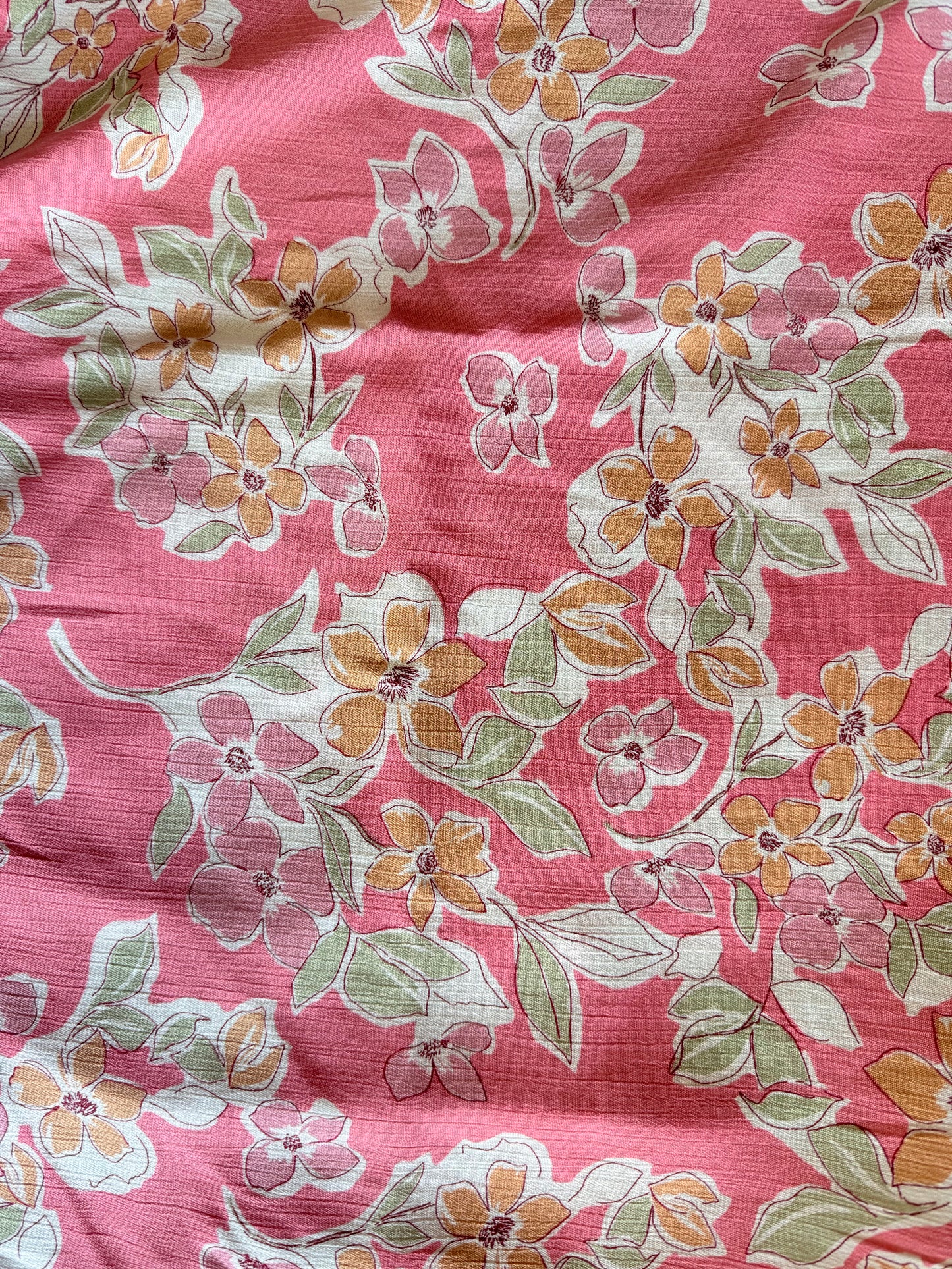 Pink Orange Green Off-white Floral Drawing Print Rayon Crepe Woven "Peach Blossoms"