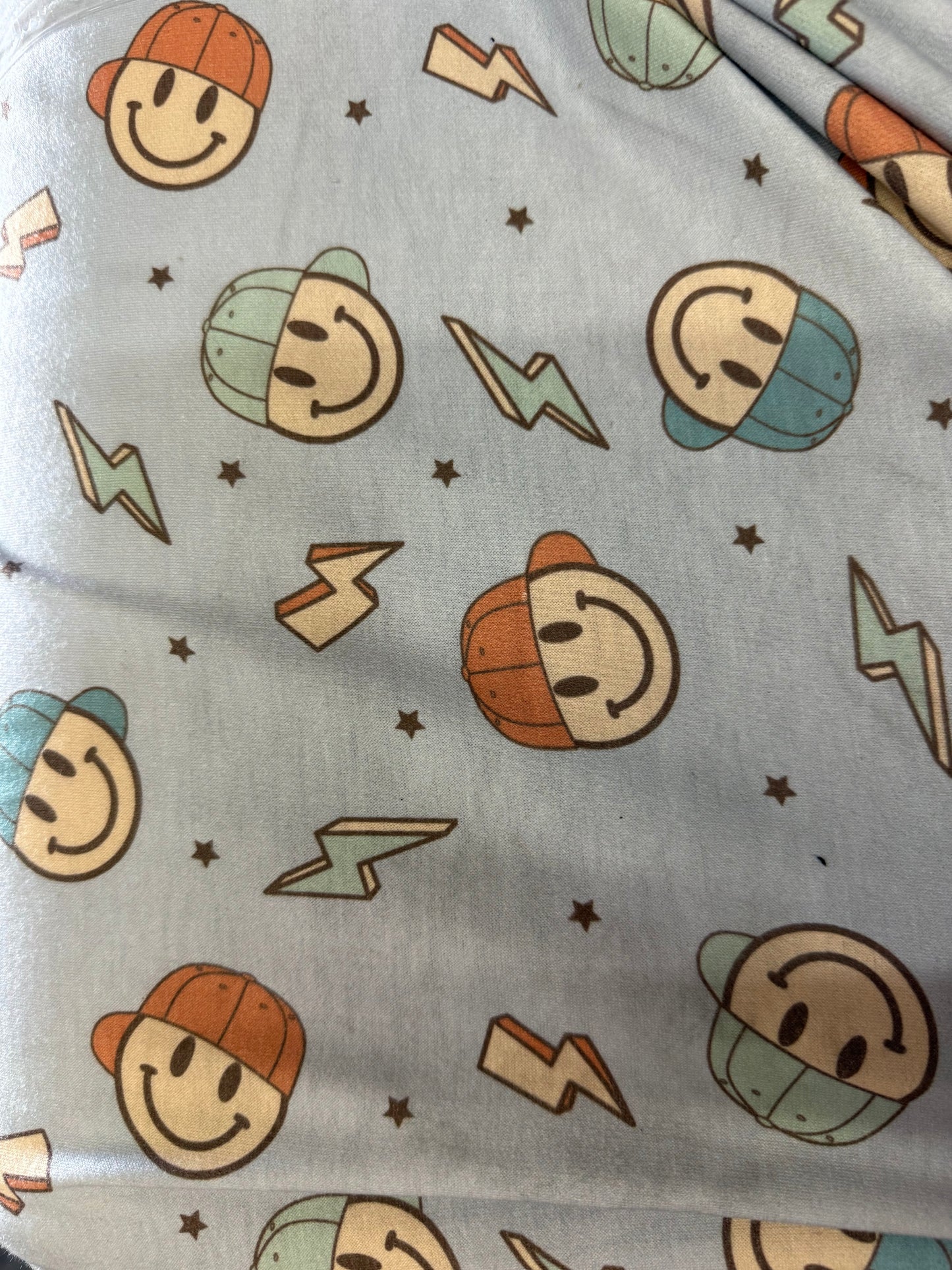 Baby Blue Yellow Orange Black Light Green Ditsy Star Lighting Bolt Hat Smiley Face Rayon Spandex French Terry "Stoked Smiles"