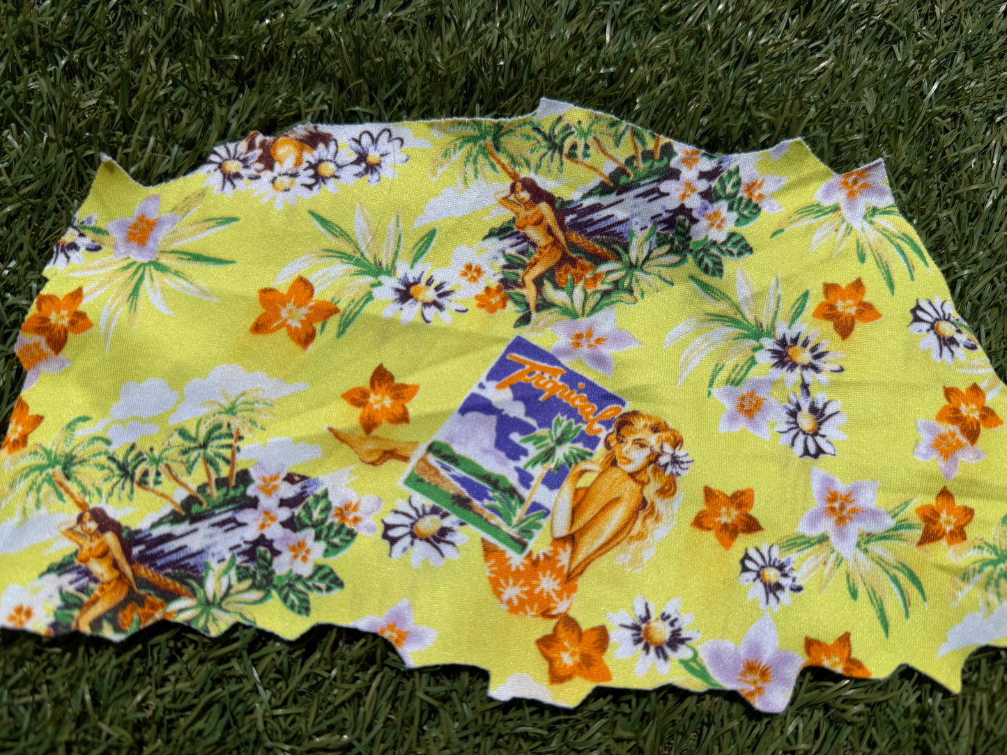 Yellow Vintage Pinup Girl Print Nylon Spandex Swim Knit "Beach Babe"