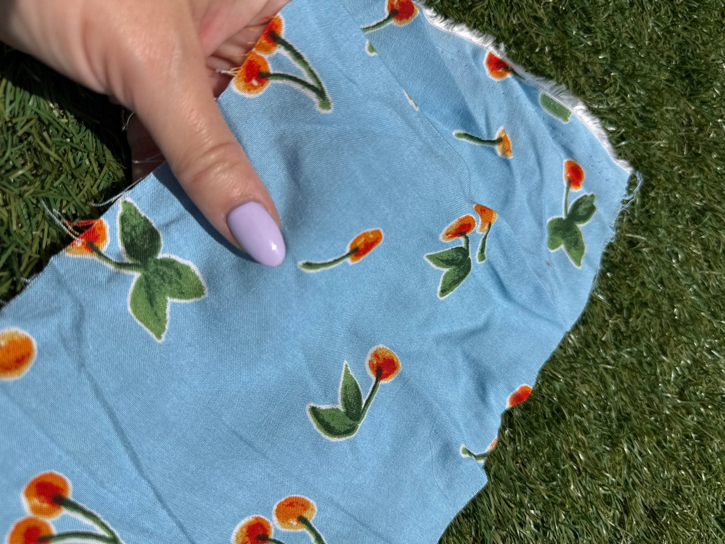 Blue Red Green Cherry Print Rayon Challis "Blue Ribbon Pie"