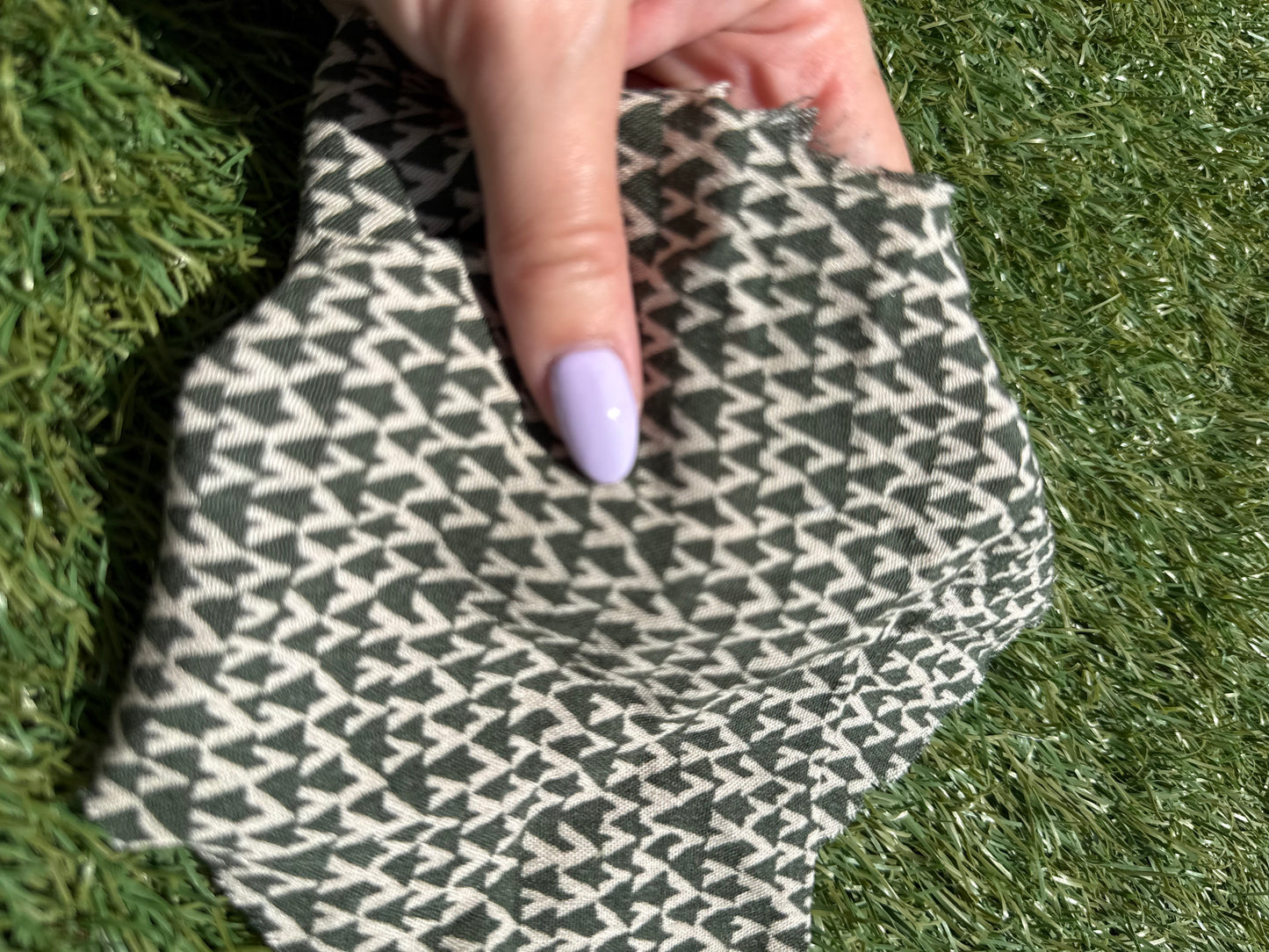 Olive Green Cream Geometric Pattern Print Rayon Crepe Woven "Desert Alps"